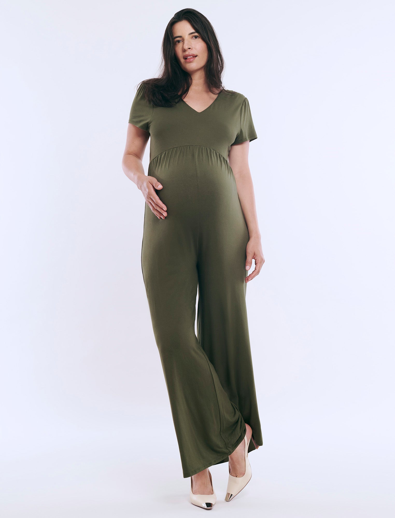 MANGOPOP Women's Modal V-Neck Bodysuit - Folded Over Short Sleeve, Snap Closure (Deep Green, Medium)