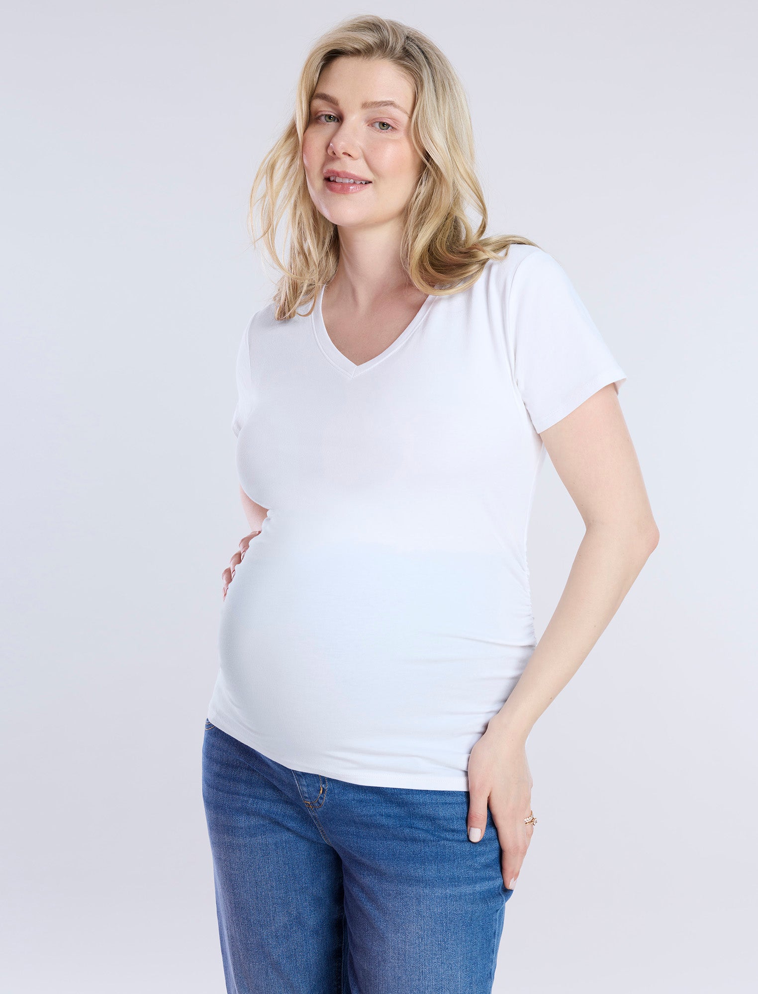 Side Ruched Short Sleeve V-Neck Maternity Tee