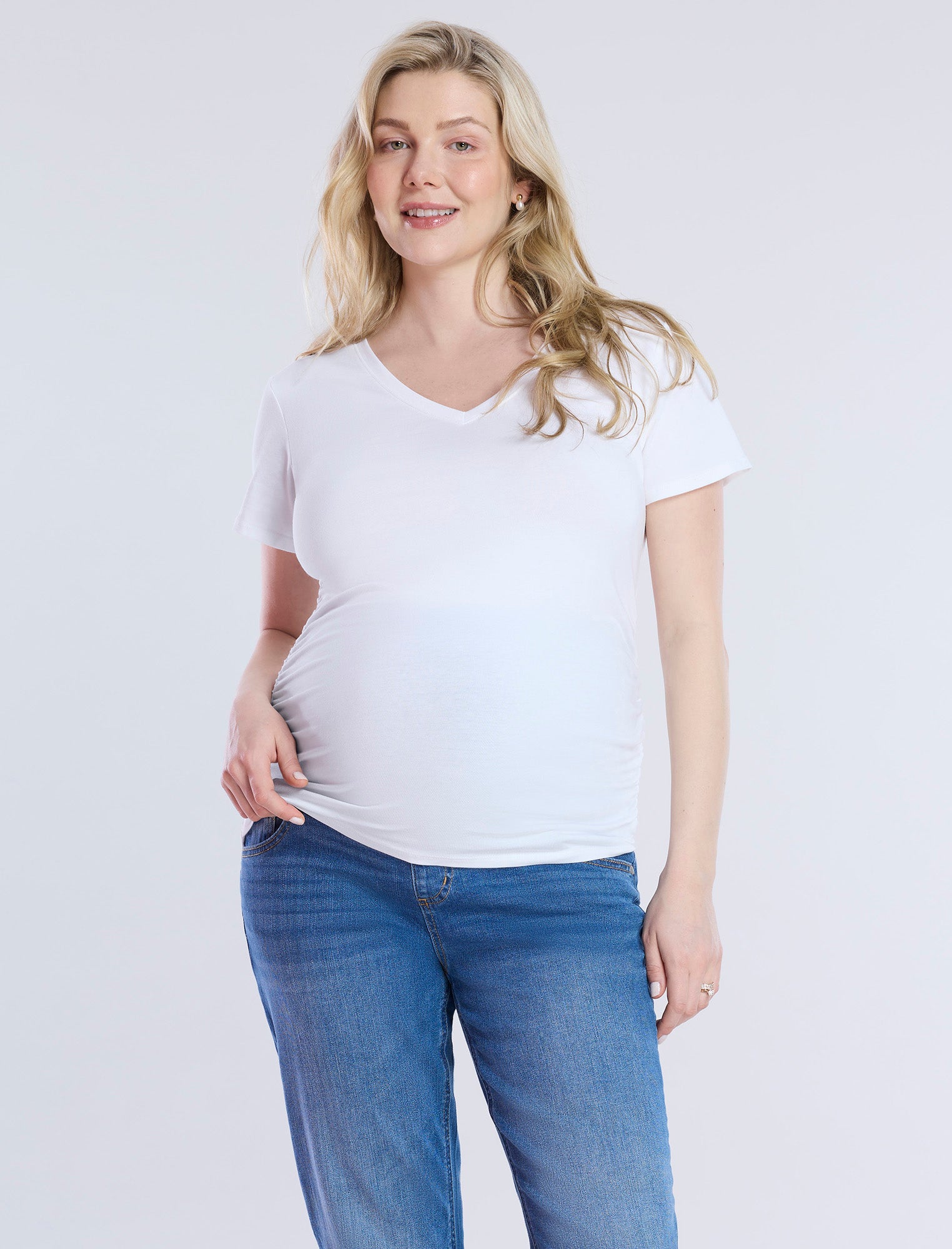 Side Ruched Short Sleeve V-Neck Maternity Tee