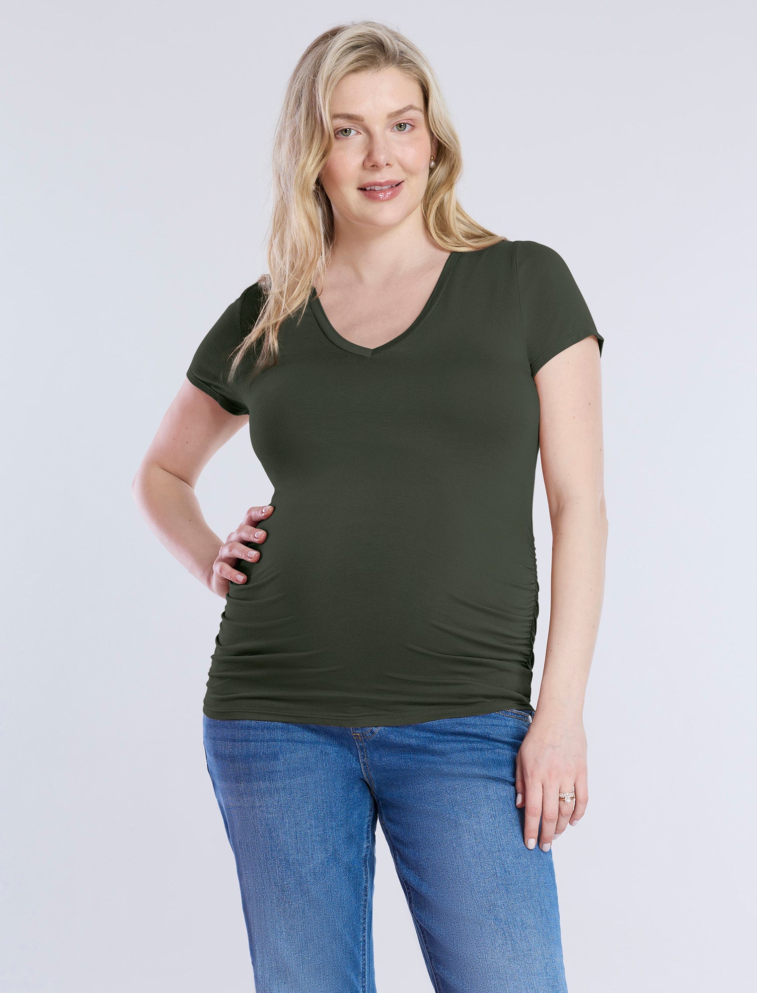 Side Ruched Short Sleeve V-Neck Maternity Tee