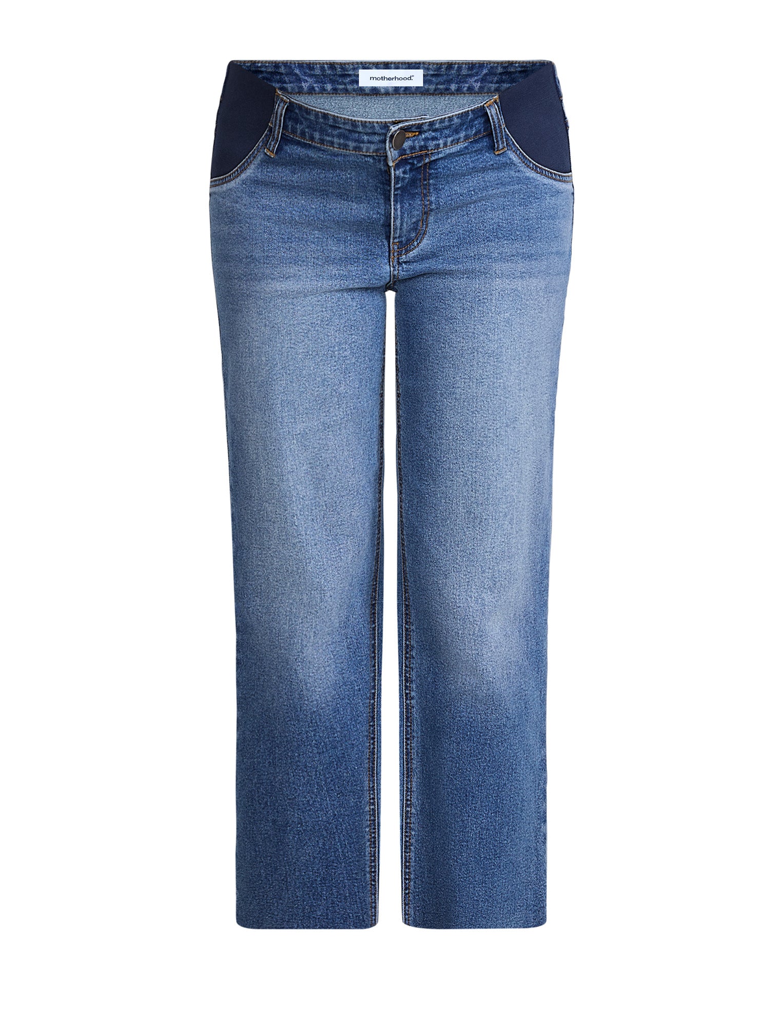Maternity blue jeans on a light gray background