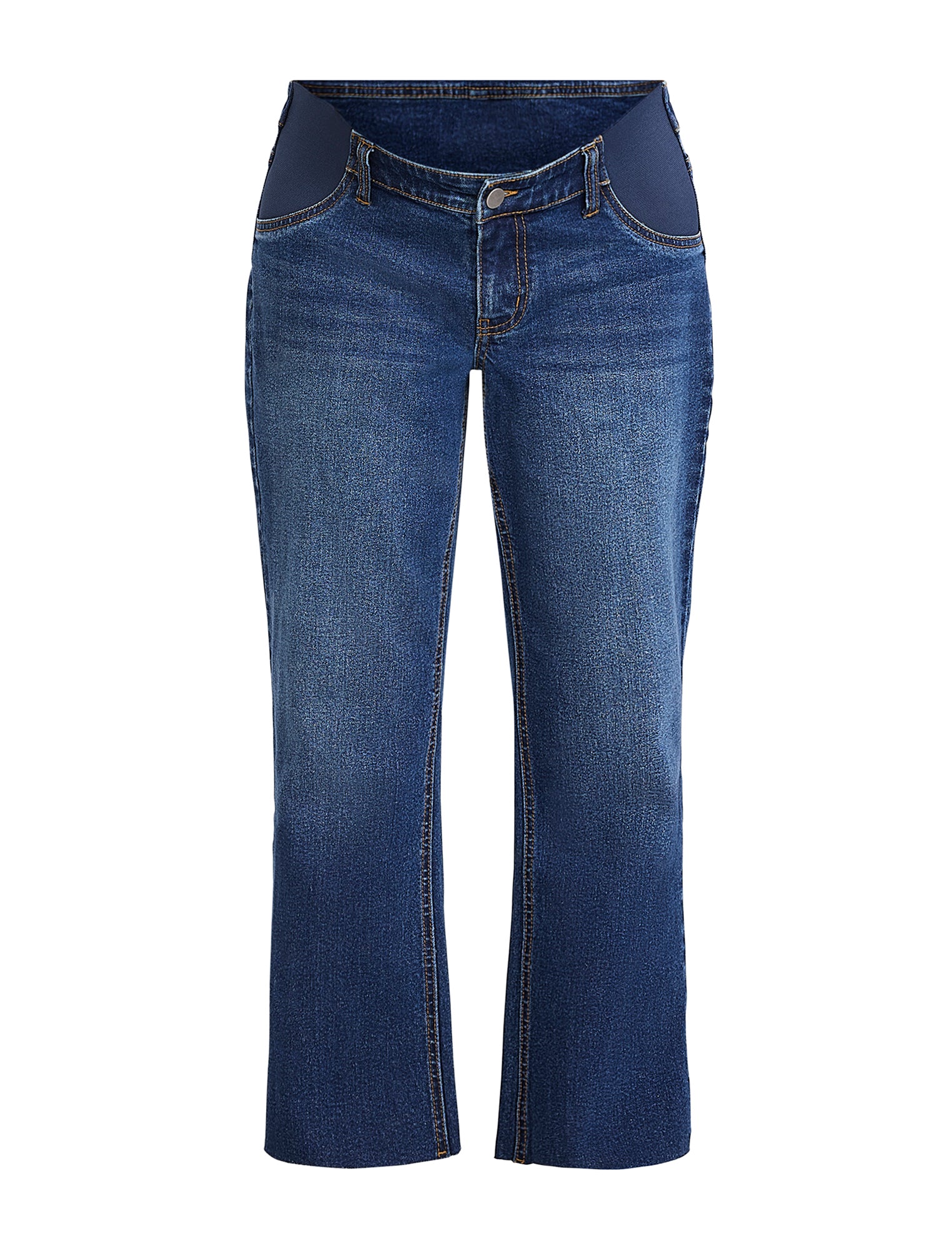 Maternity blue jeans on a light gray background