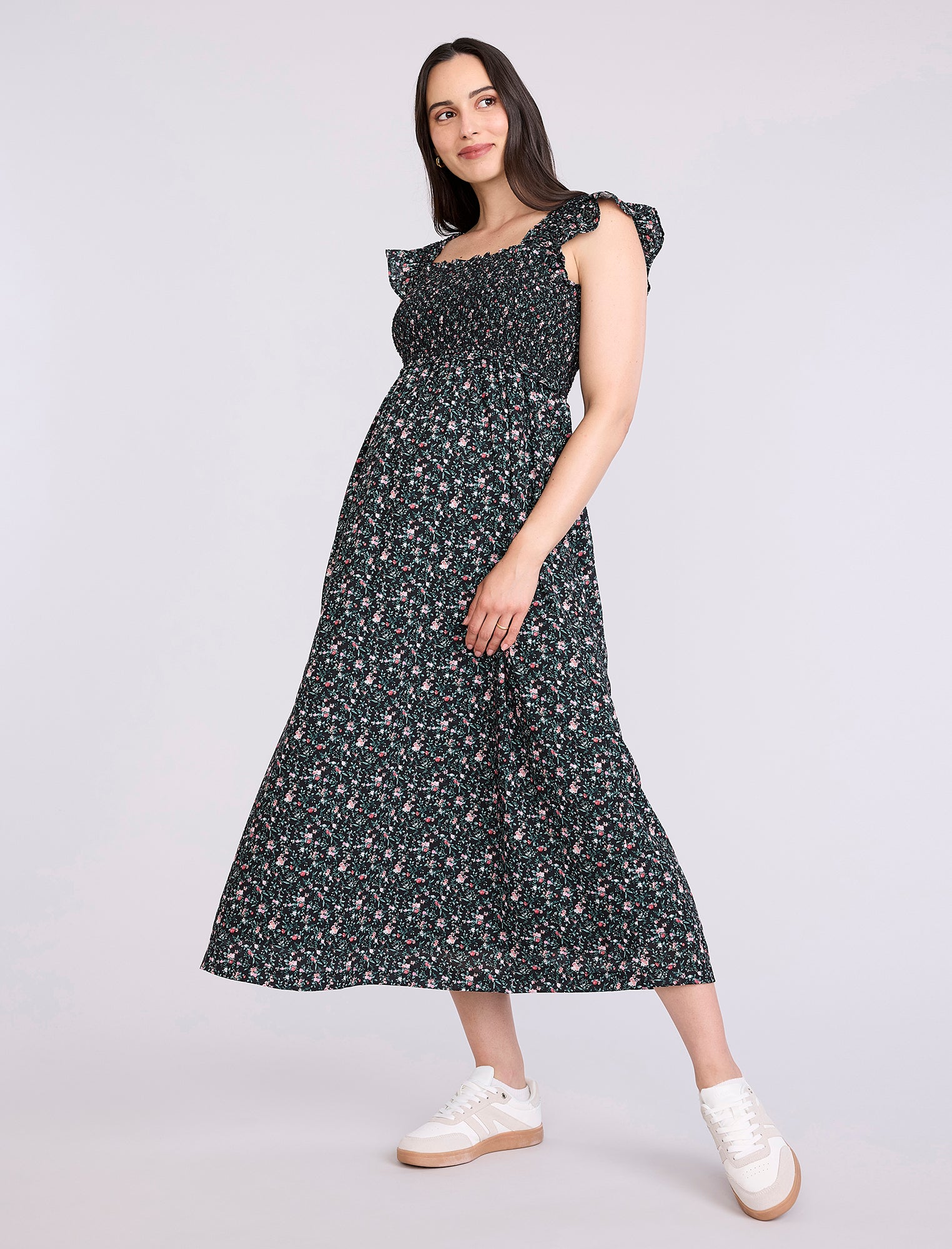 Sleeveless Ruffle Shoulder Smocked Maxi Dress | Motherhood Sleeveless Ruffle Shoulder Smocked Maxi Dress | Motherhood