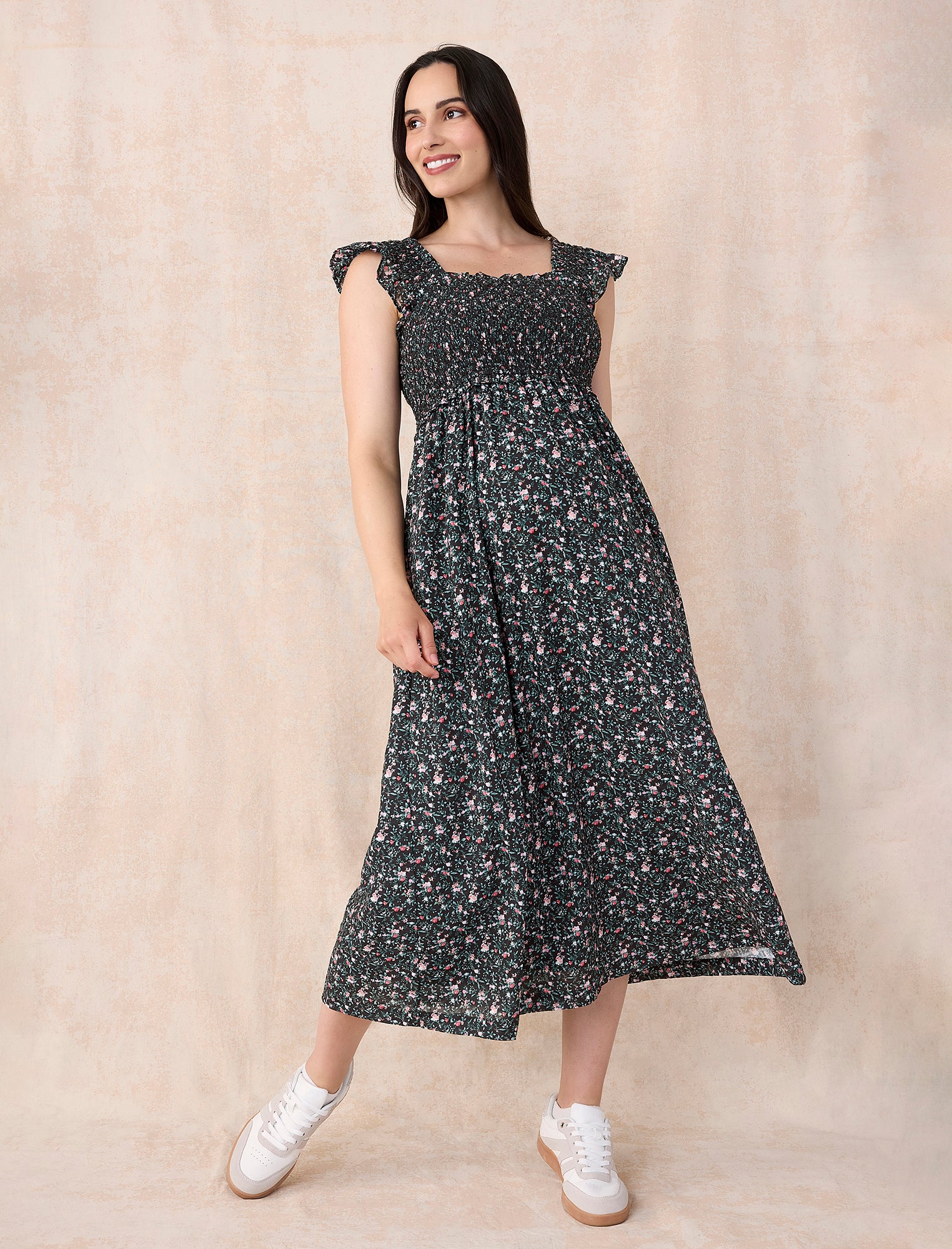 Sleeveless Ruffle Shoulder Smocked Maxi Dress