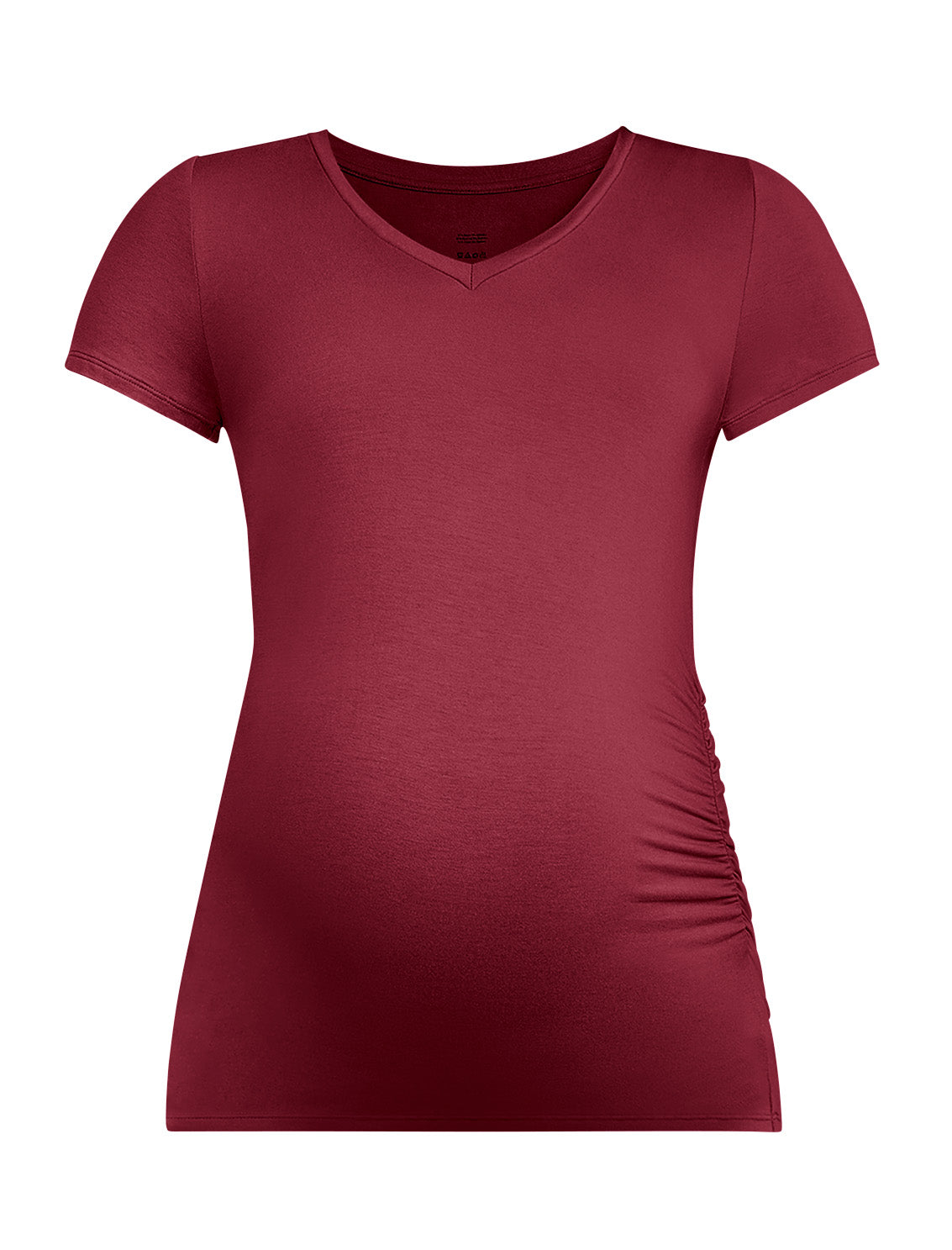 Pregnant woman wearing a maroon t-shirt against a plain background