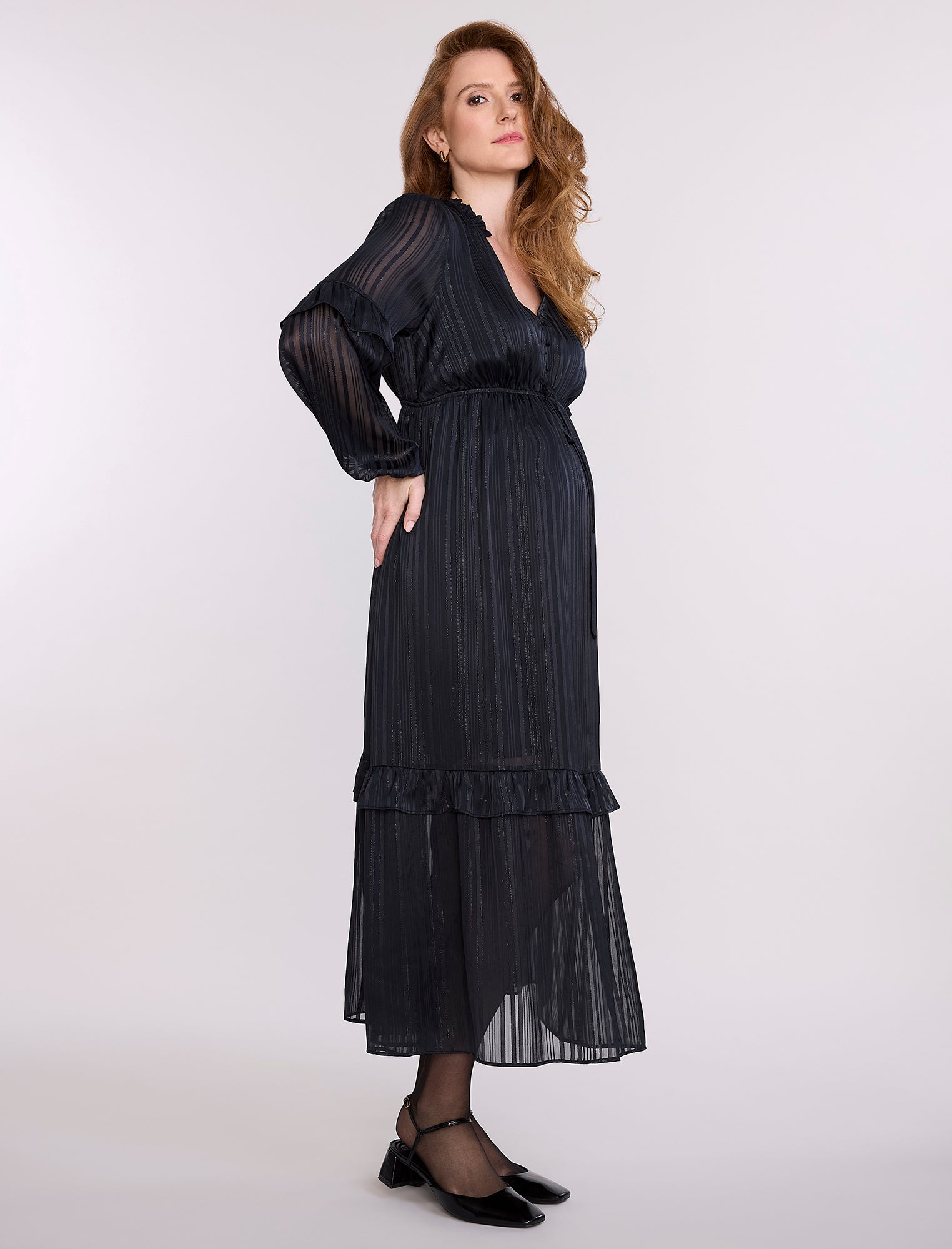 Long Sleeve Tiered Maxi Dress with Drawstring