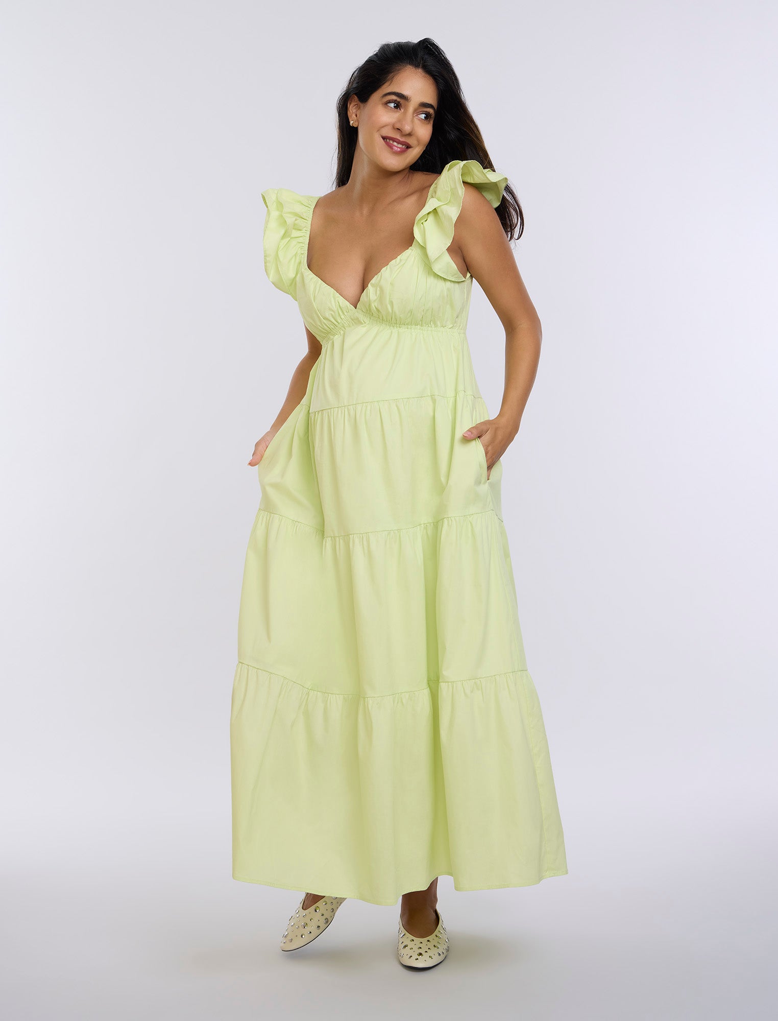Soft Lime Empire Ruffle Sleeve Maxi Dress | Motherhood Soft Lime Empire Ruffle Sleeve Maxi Dress | Motherhood