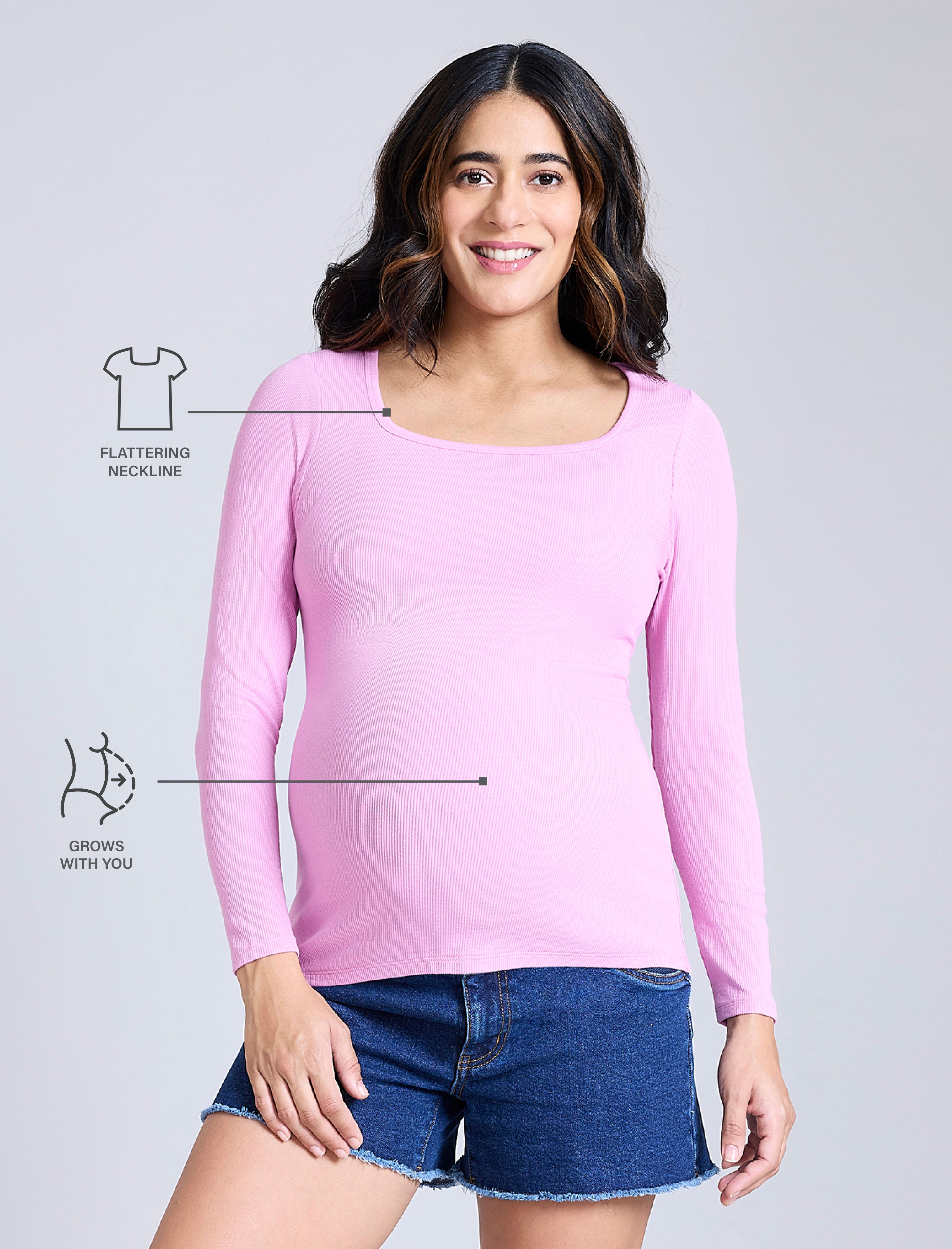 Long Sleeve Rib Knit Square Neck Tee