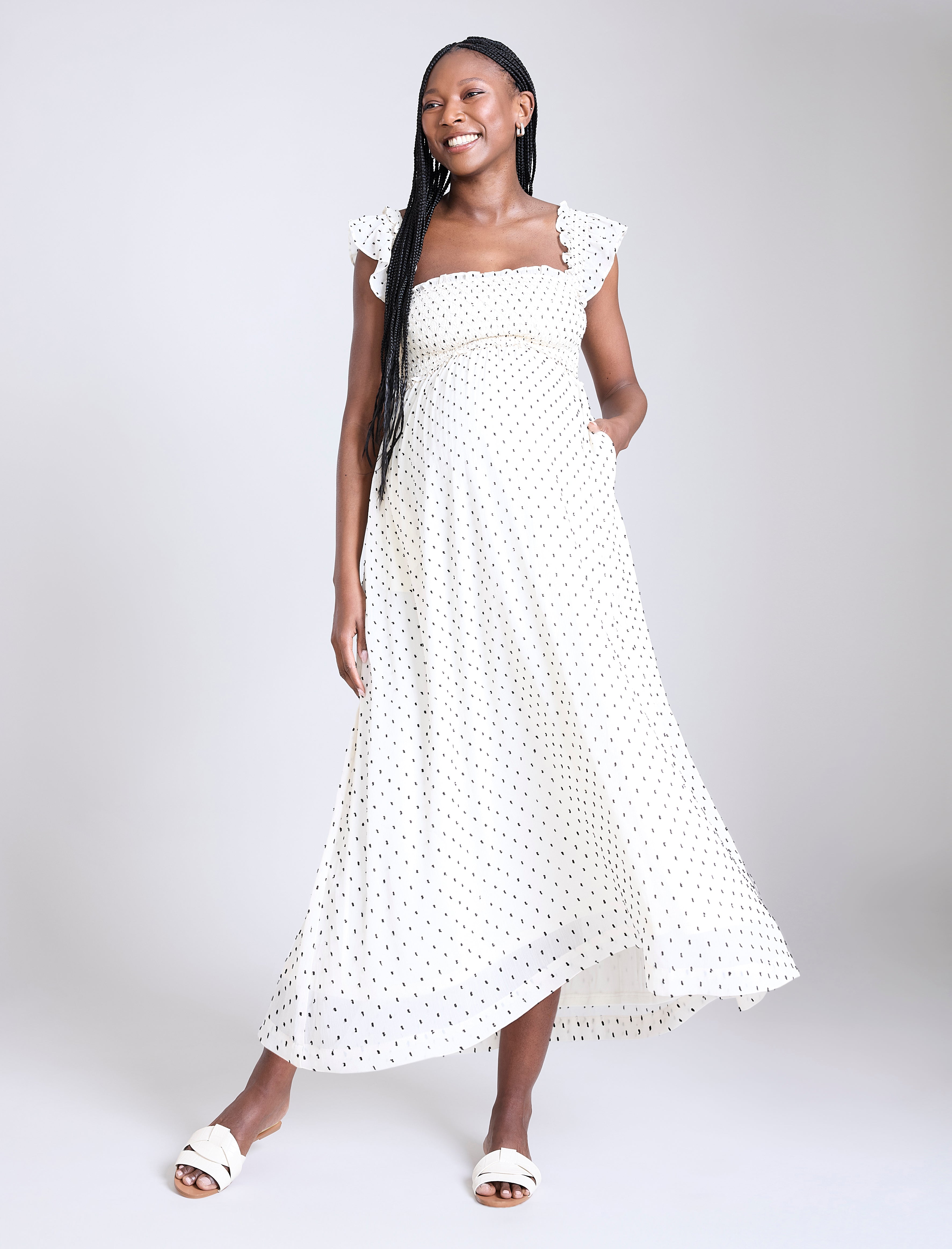 Sleeveless Ruffle Shoulder Smocked Dress
