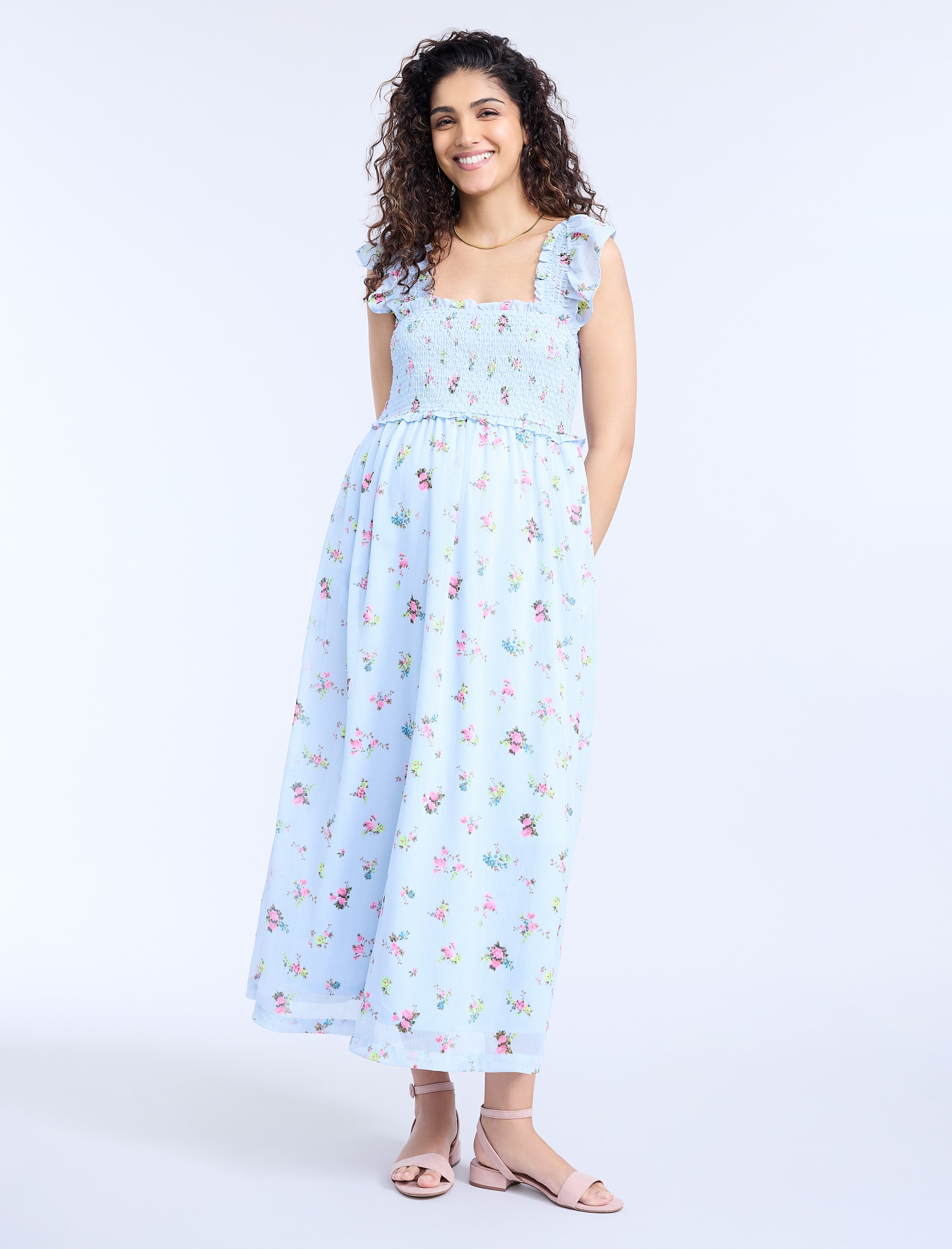 Sleeveless Ruffle Shoulder Smocked Dress