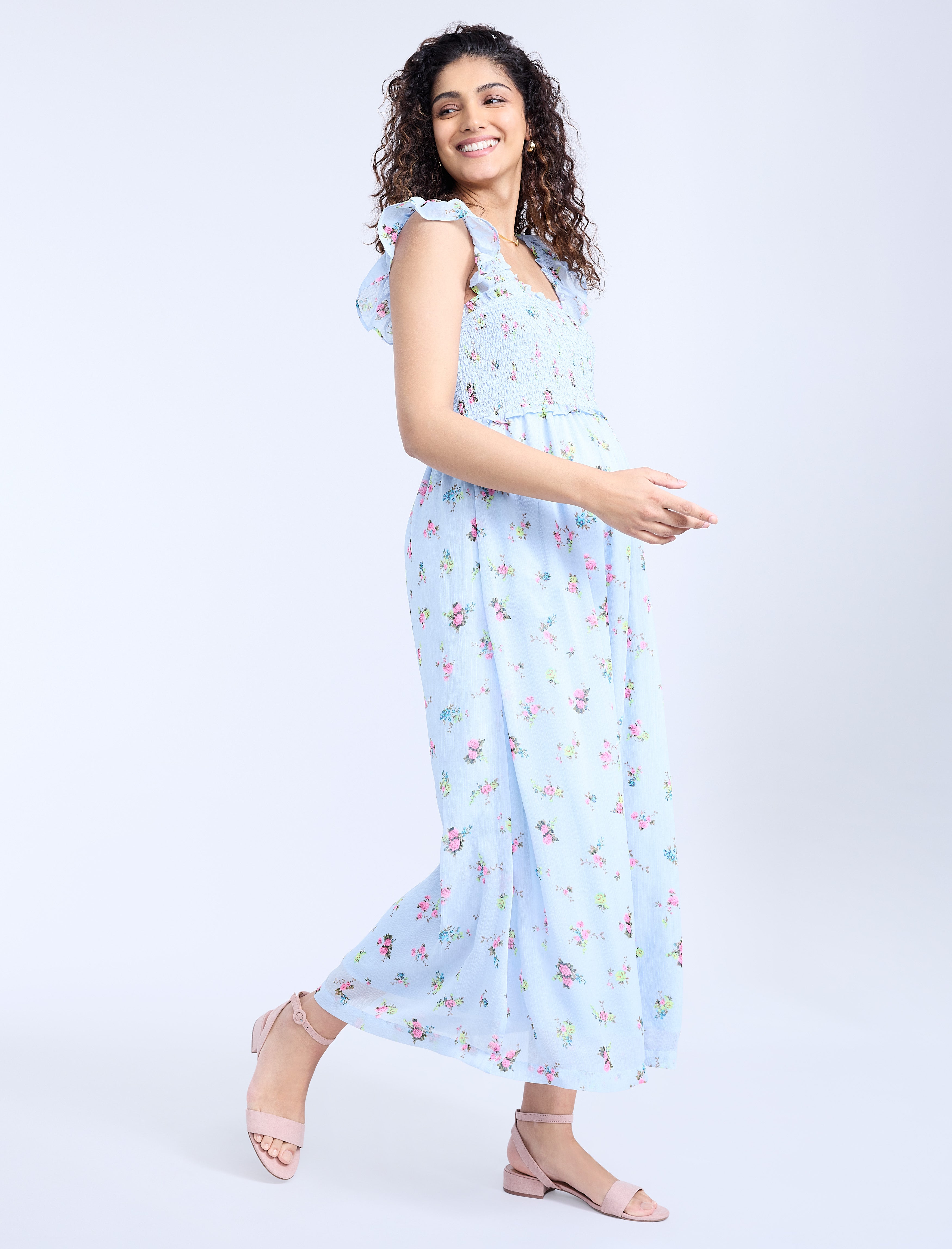 Sleeveless Ruffle Shoulder Smocked Dress