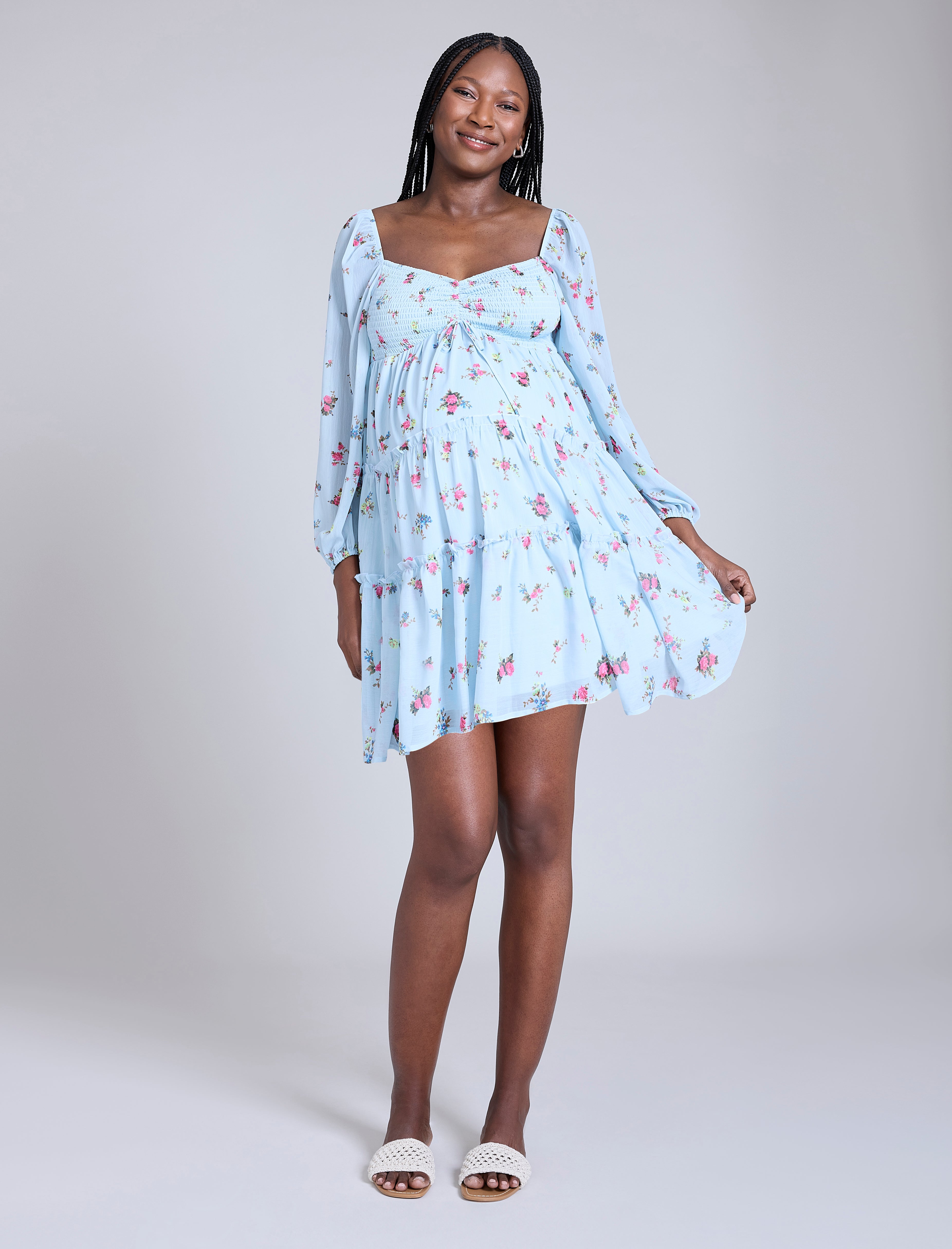 Long Sleeve Tie Tiered Dress