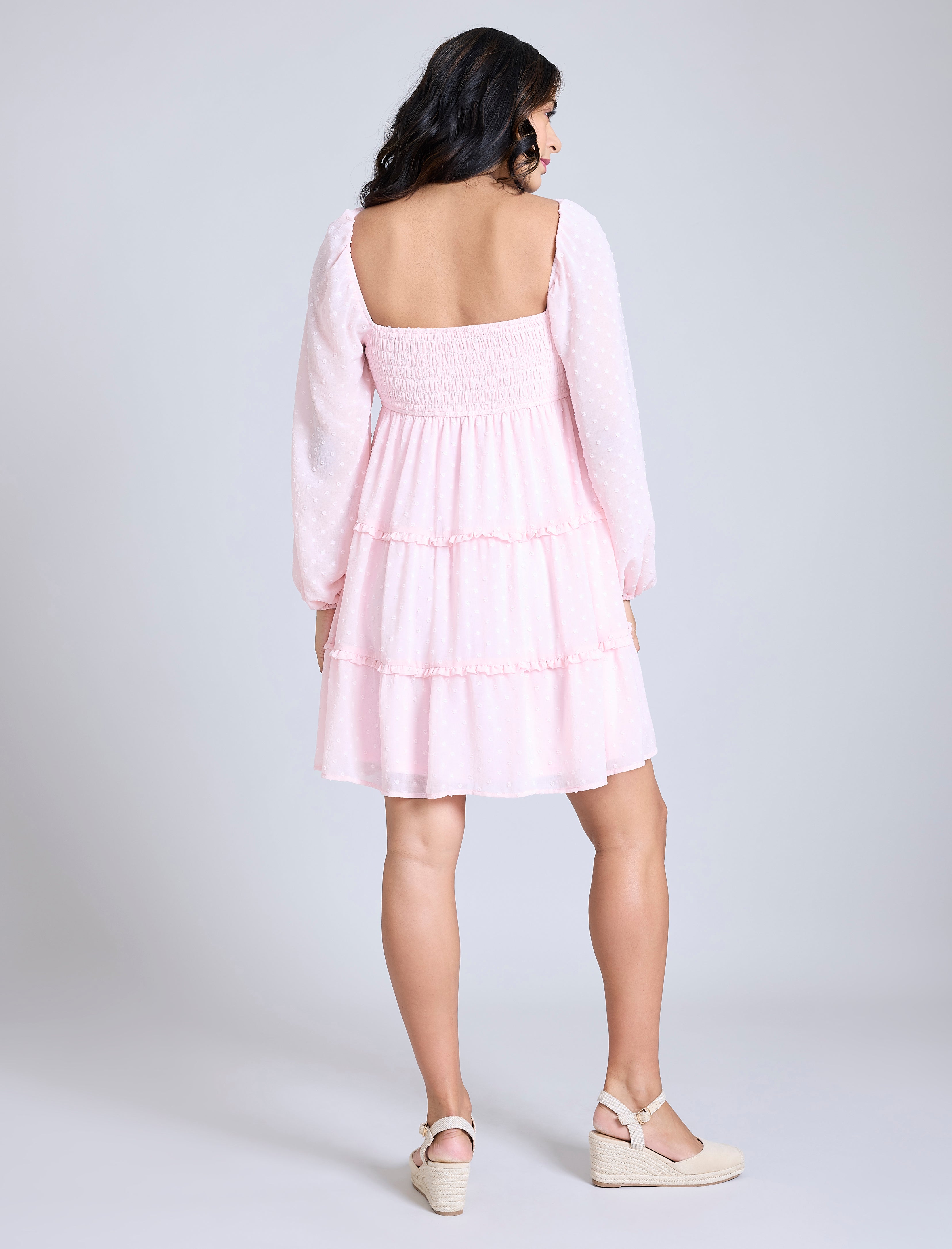 Long Sleeve Tie Tiered Dress