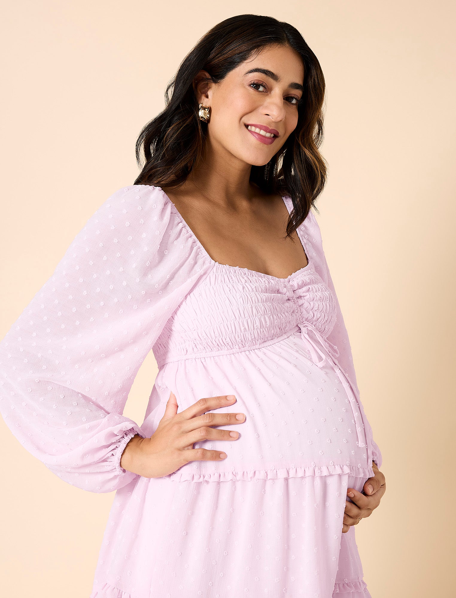 Long Sleeve Tie Tiered Dress