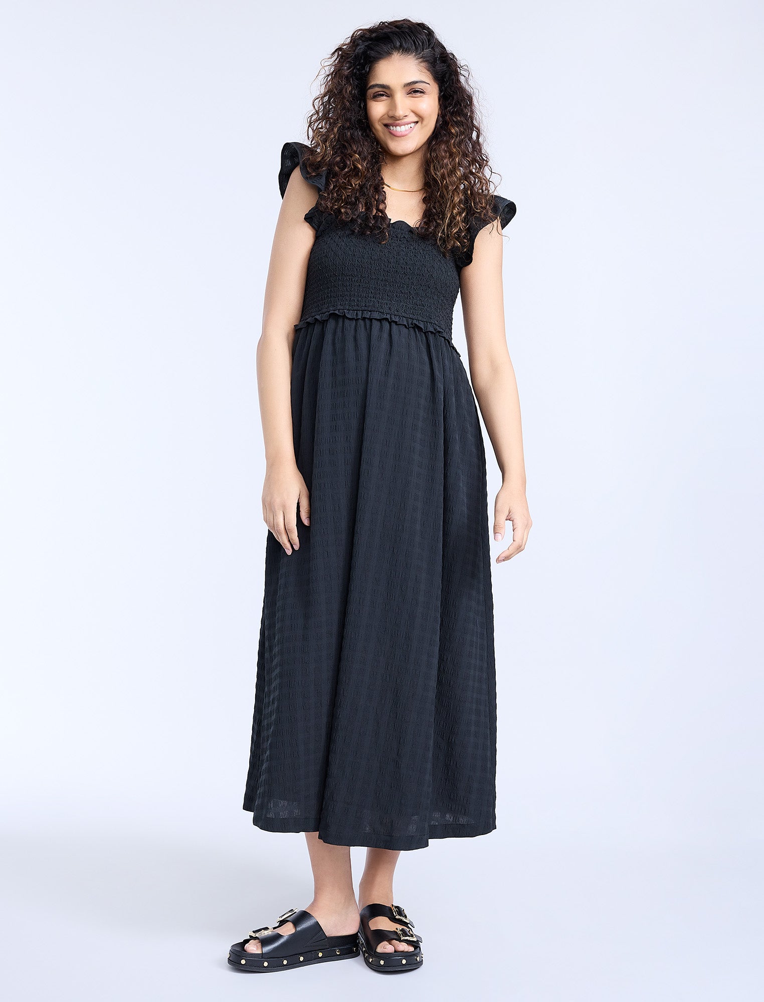 Black Sleeveless Ruffle Shoulder Smocked Dress | Motherhood Black Sleeveless Ruffle Shoulder Smocked Dress | Motherhood