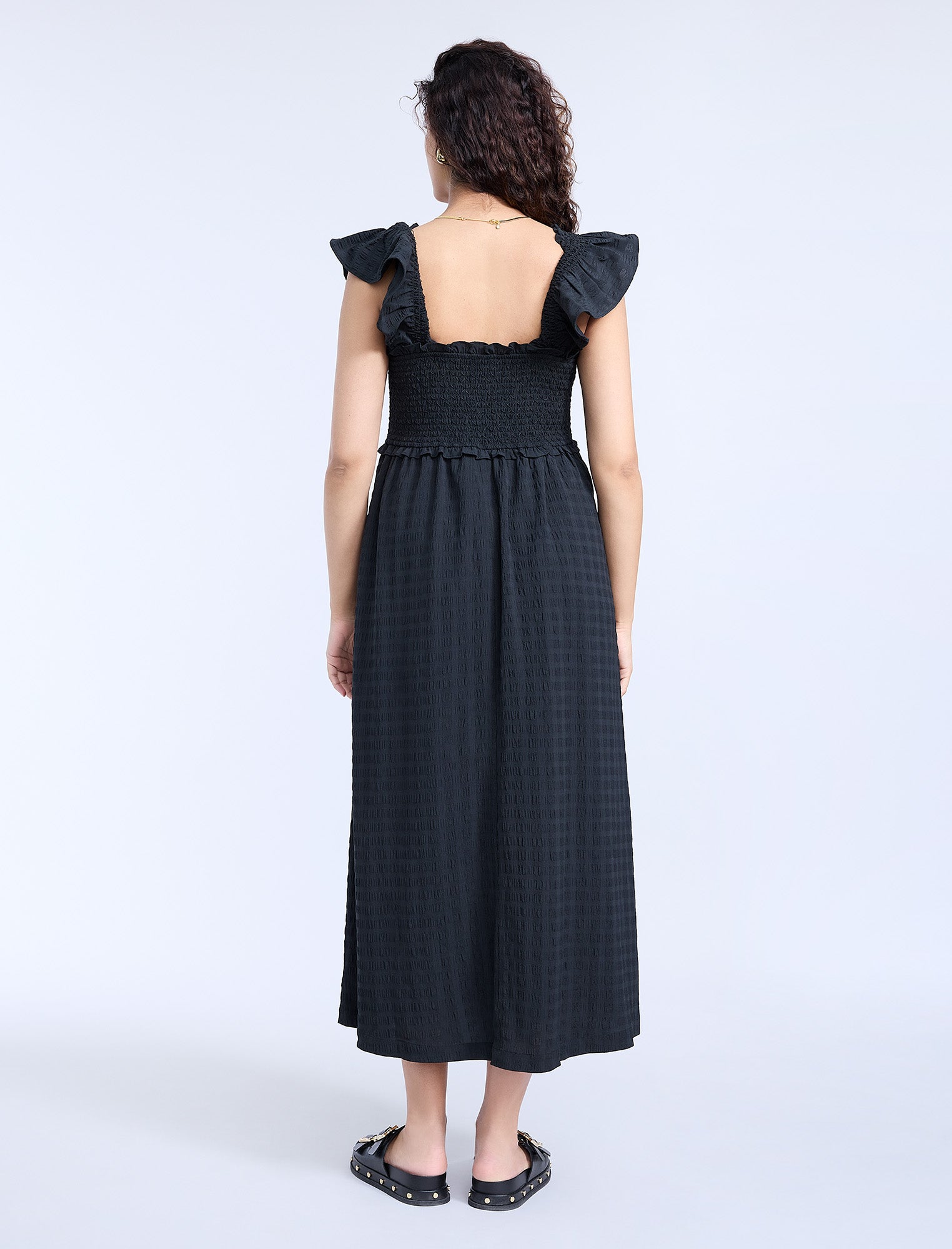 Sleeveless Ruffle Shoulder Smocked Dress