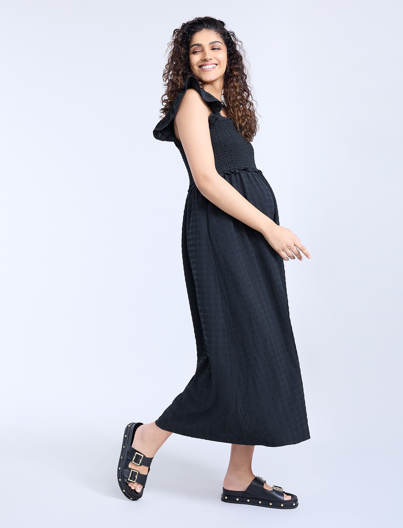 Sleeveless Ruffle Shoulder Smocked Dress