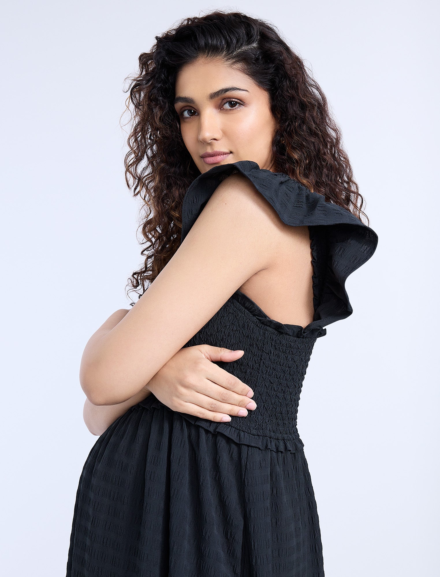 Sleeveless Ruffle Shoulder Smocked Dress