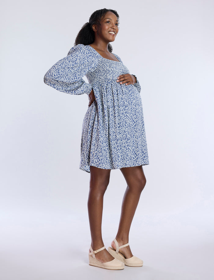 Floral Deep V Neck Smocked Bust Bubble Sleeve Babydoll Dress