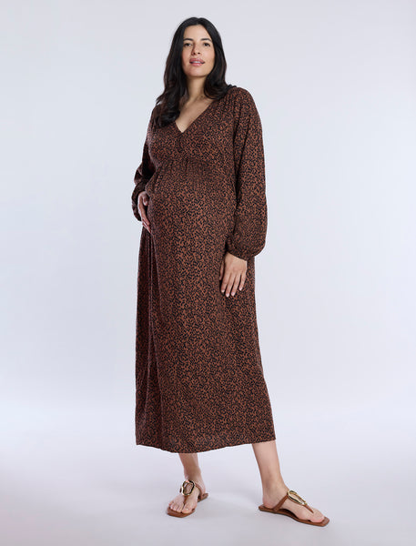 brown maternity midi dress Angel Maternity Elegance Knit Maternity Midi Dress in Camel