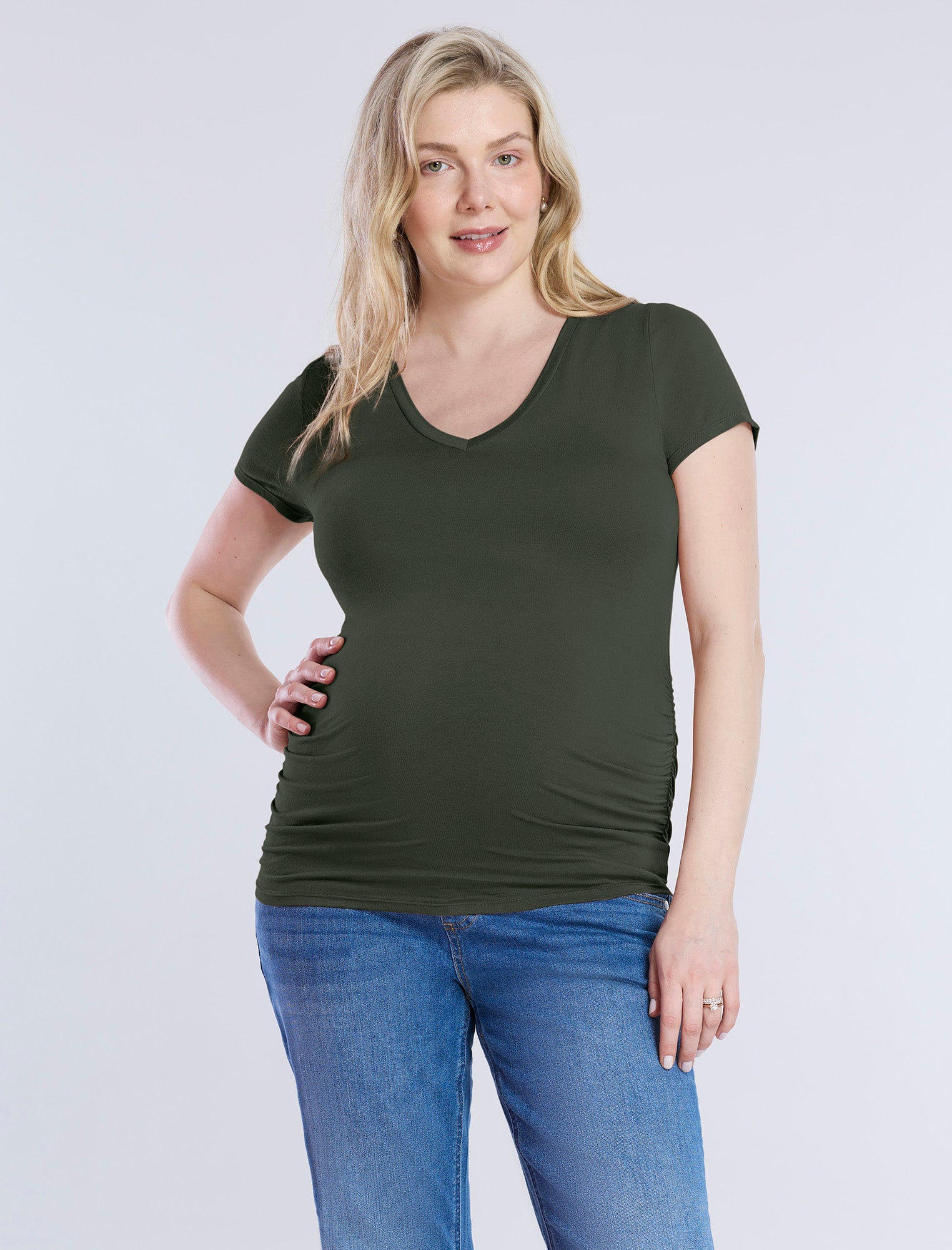 Side Ruched Short Sleeve V-Neck  Maternity Tee