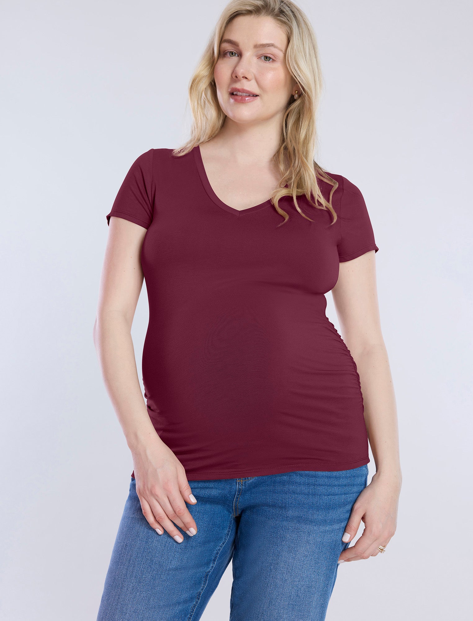 Side Ruched Short Sleeve V-Neck  Maternity Tee