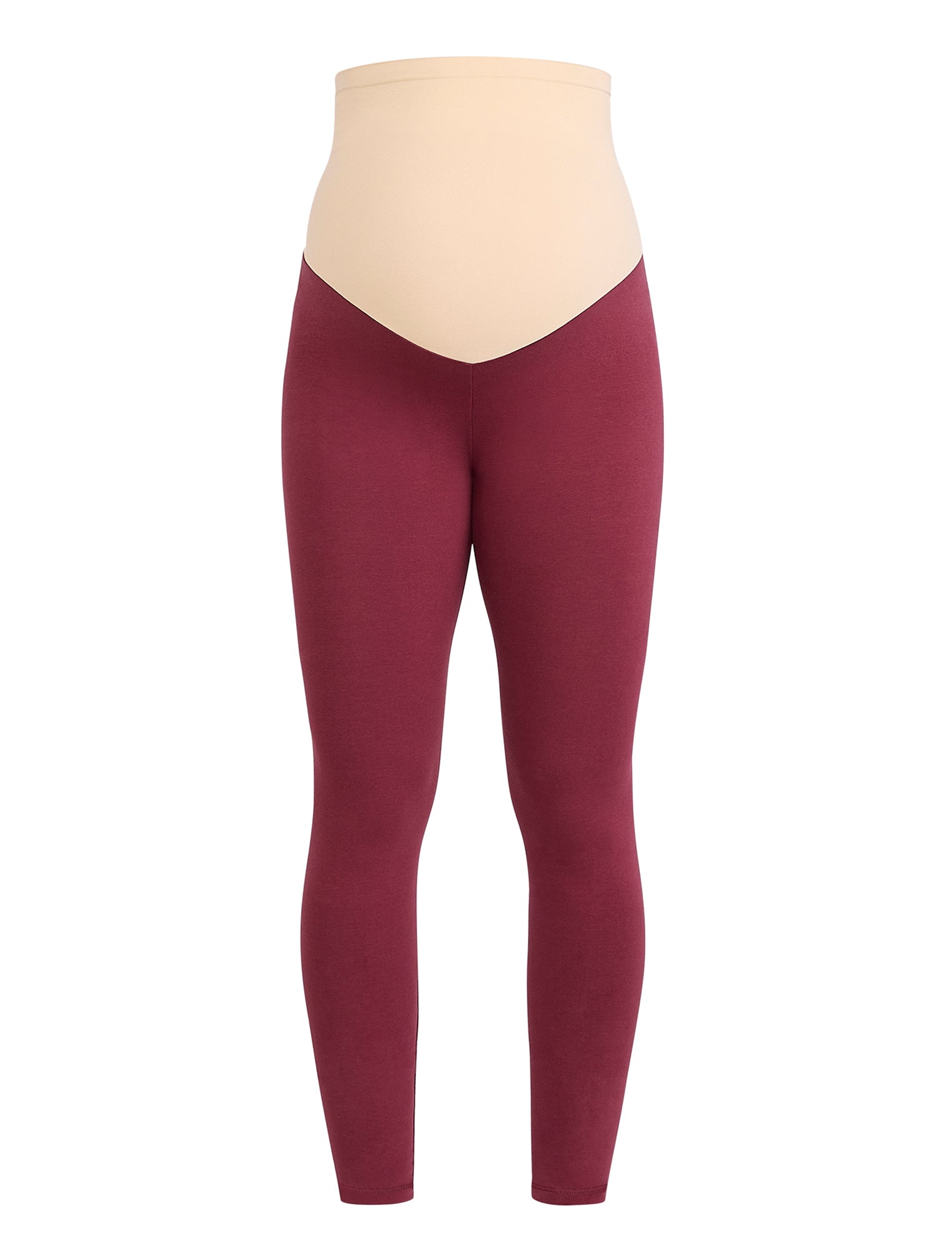 Maroon leggings worn by a pregnant woman on a white background
