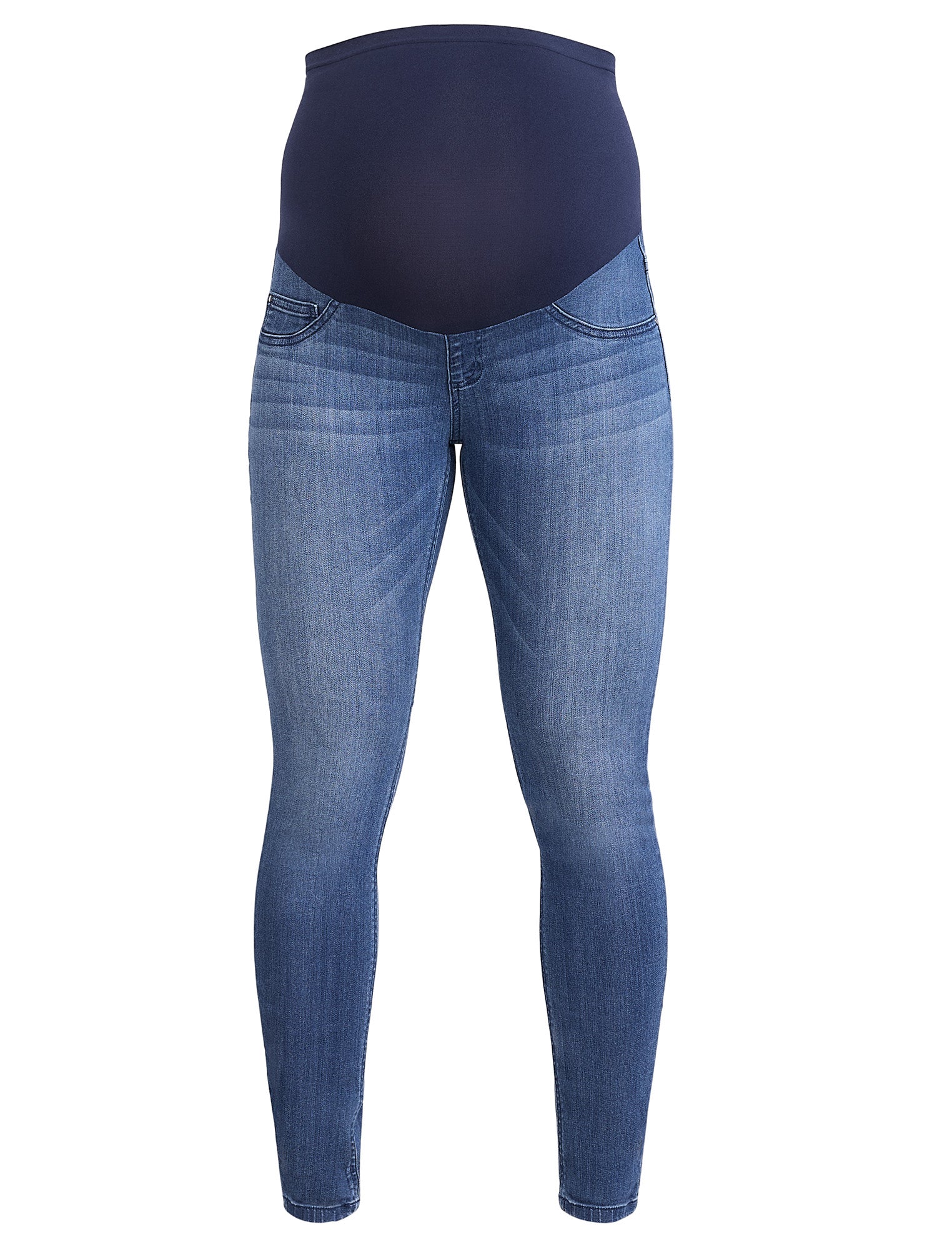 Blue maternity jeans worn by a person on a white background