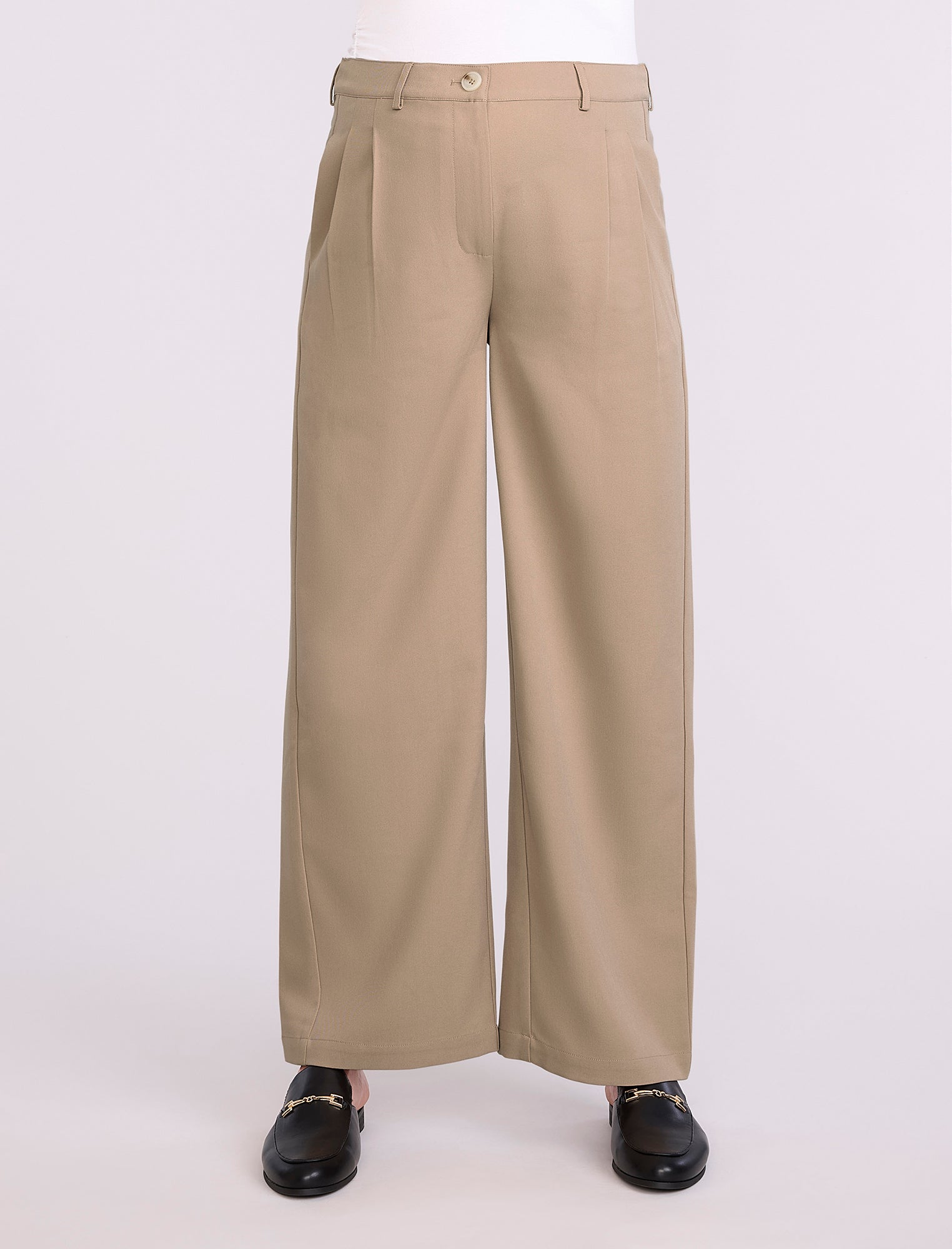Beige wide-leg maternity pants worn by a person on a white background