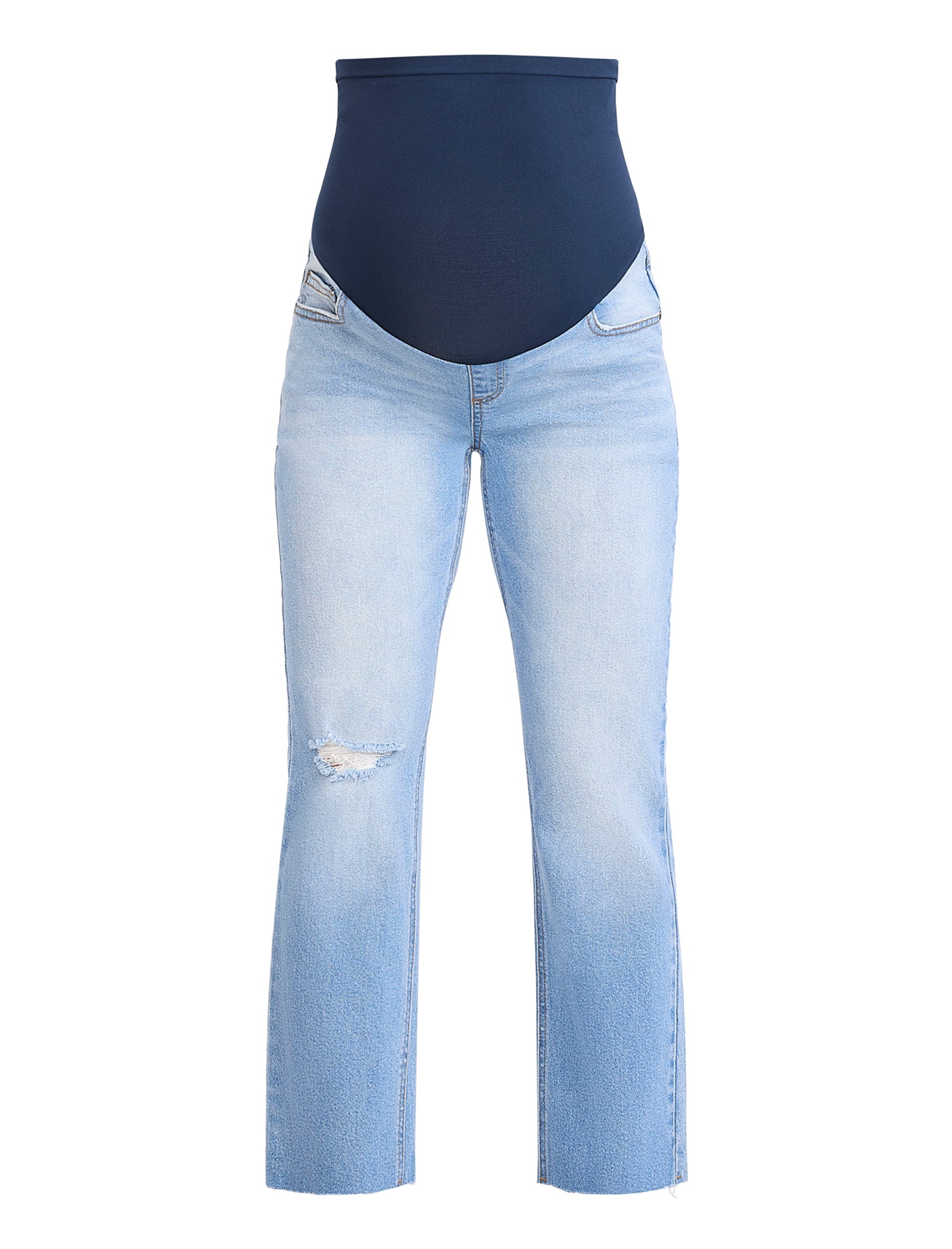 Light blue maternity jeans on a neutral background