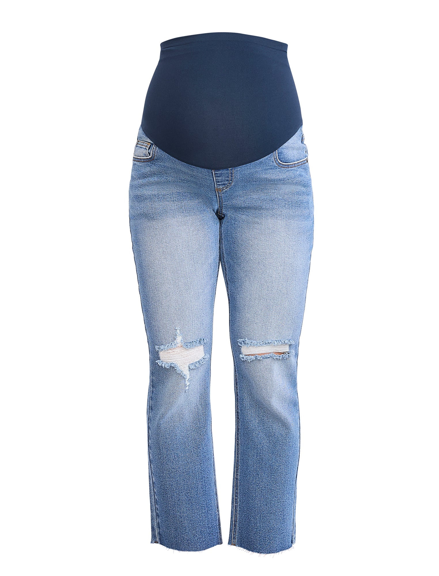 Blue jeans worn by a pregnant woman on a white background