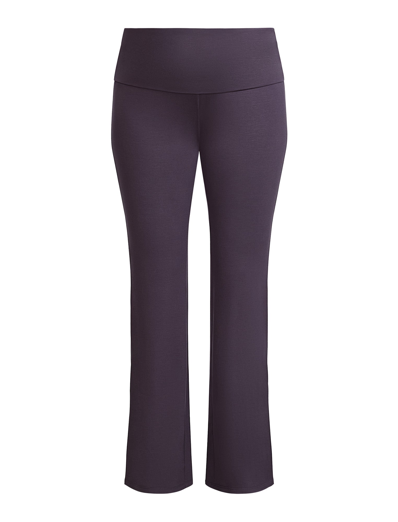 Dark gray pants worn by a pregnant woman on a light gray background