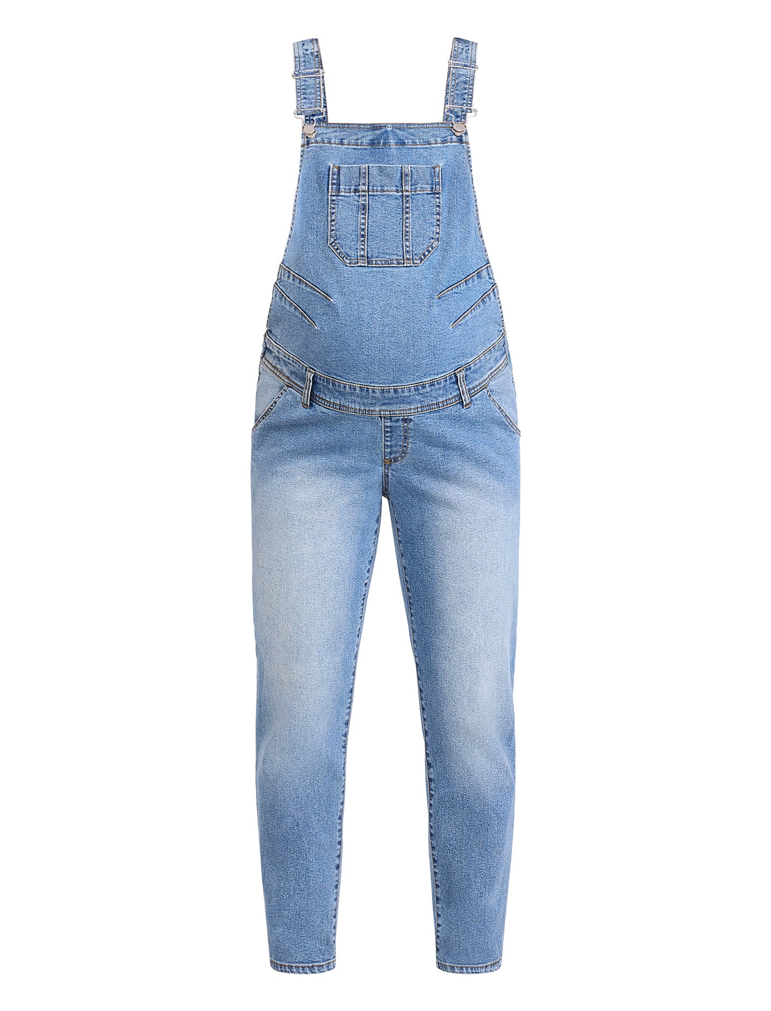 Light blue denim maternity overalls on a white background