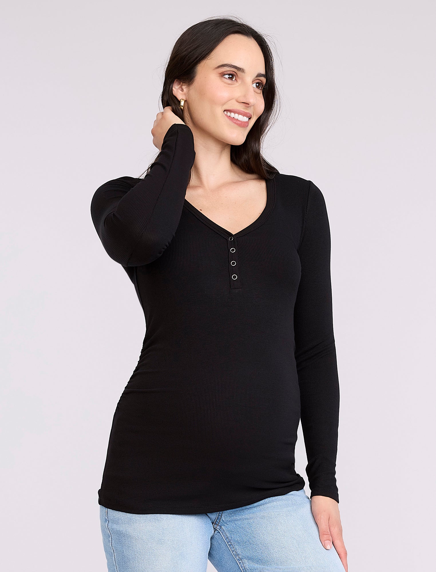 Side Ruched Long Sleeve Henley Maternity Rib Tee