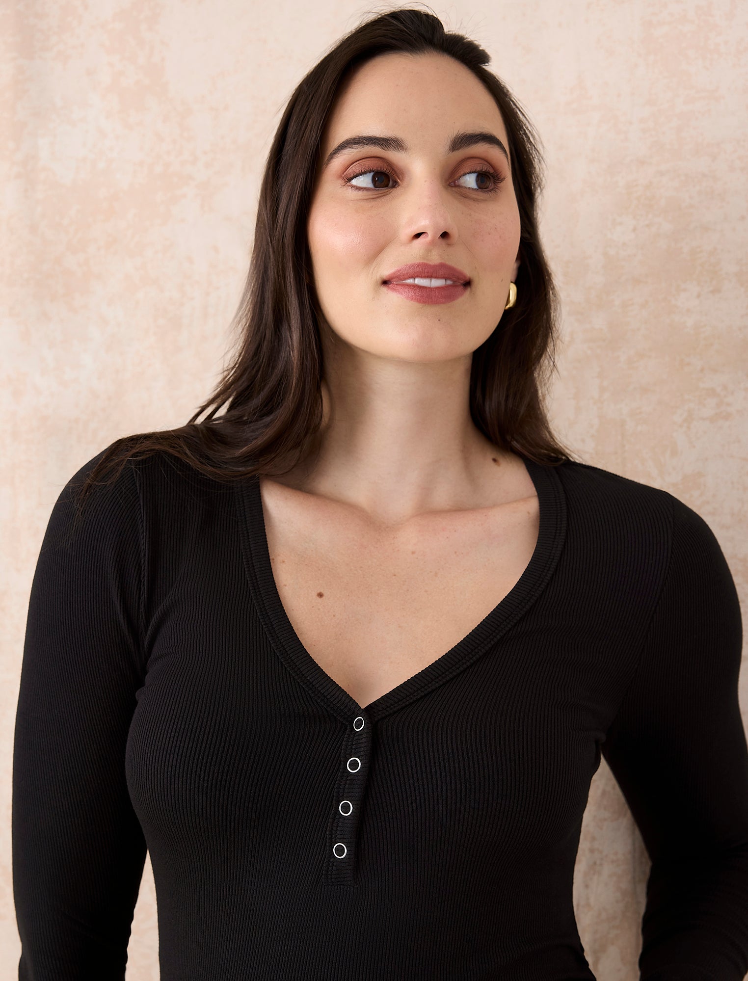 Side Ruched Long Sleeve Henley Maternity Rib Tee