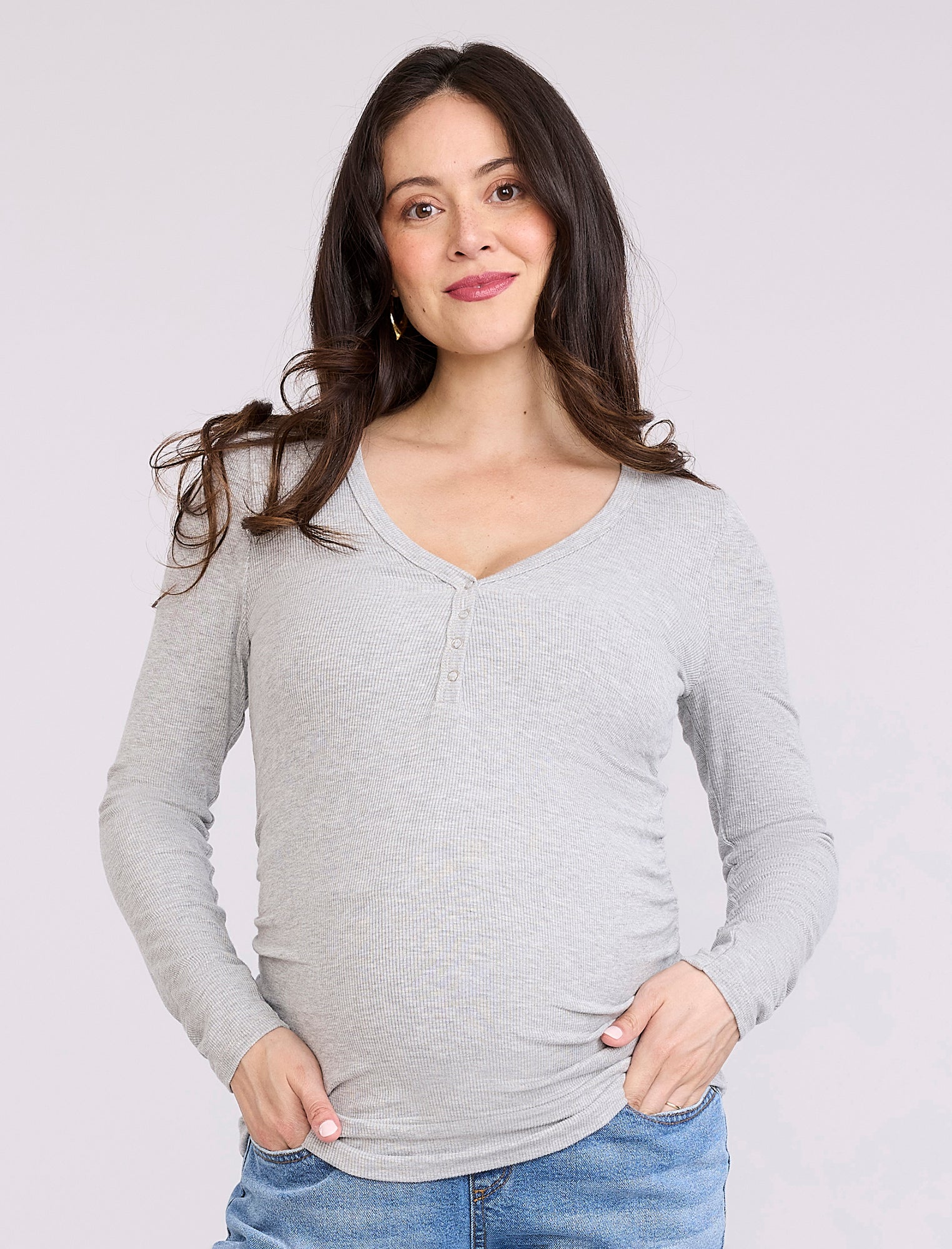 Side Ruched Long Sleeve Henley Maternity Rib Tee