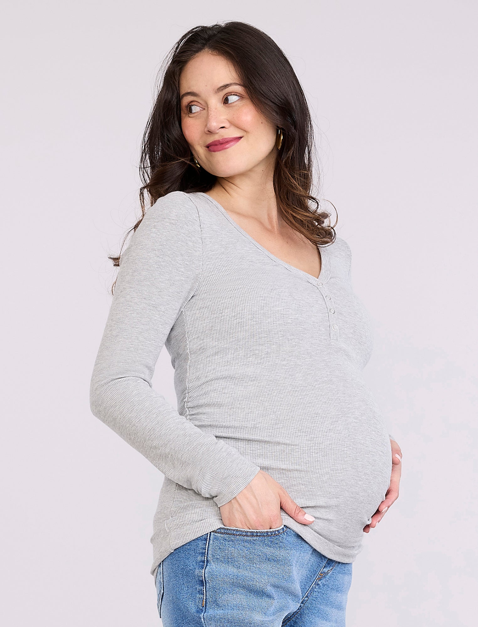 Side Ruched Long Sleeve Henley Maternity Rib Tee