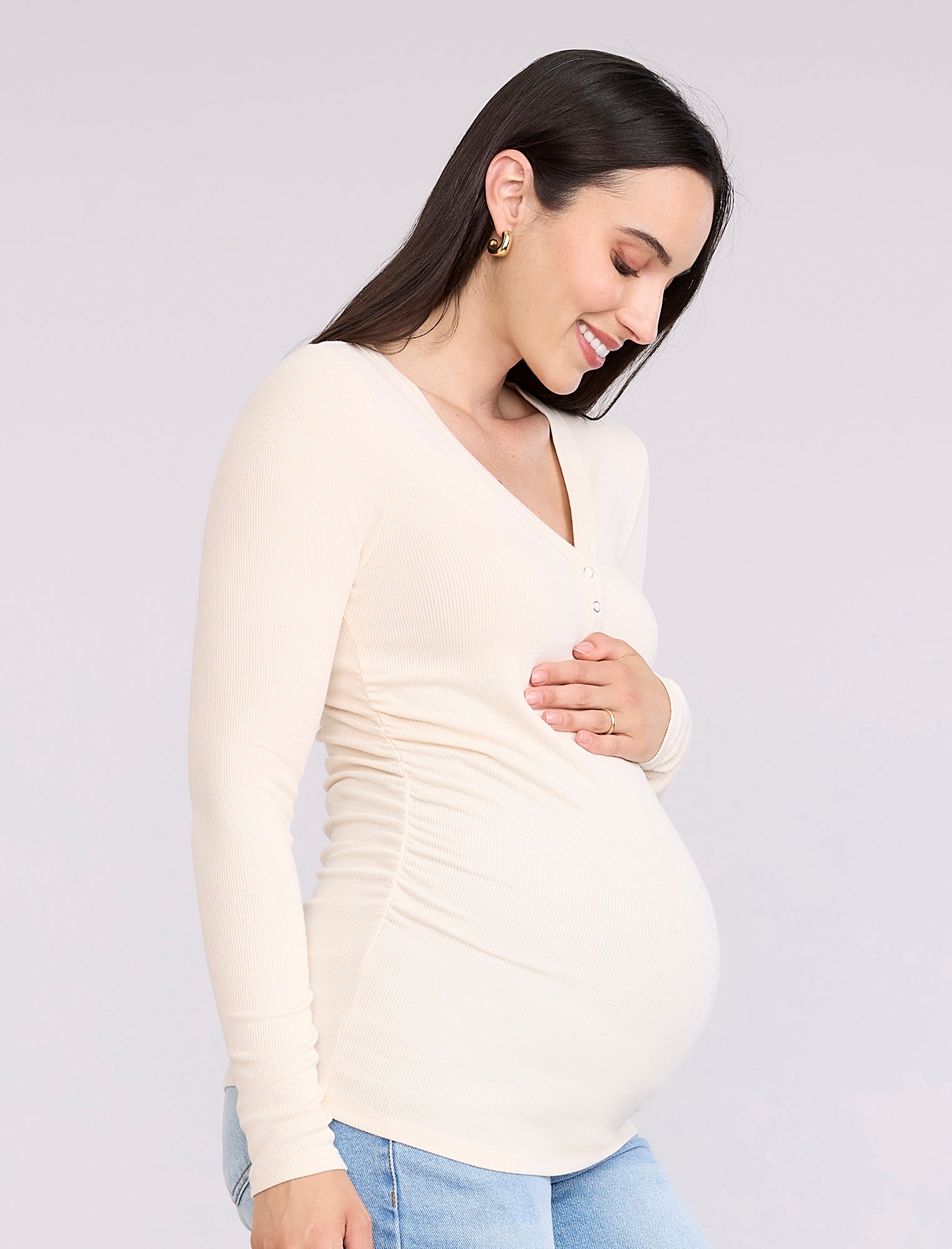 Side Ruched Long Sleeve Henley Maternity Rib Tee