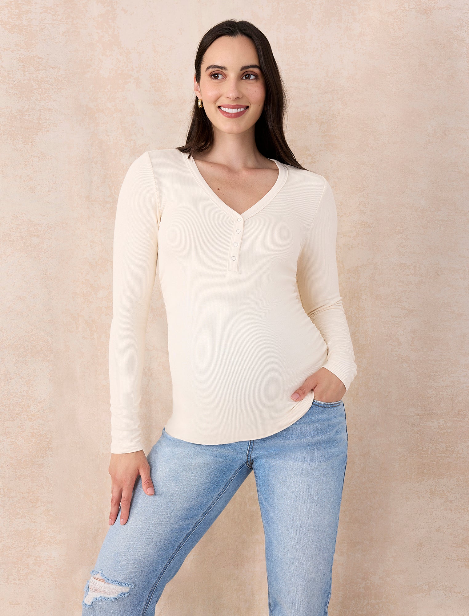 Side Ruched Long Sleeve Henley Maternity Rib Tee