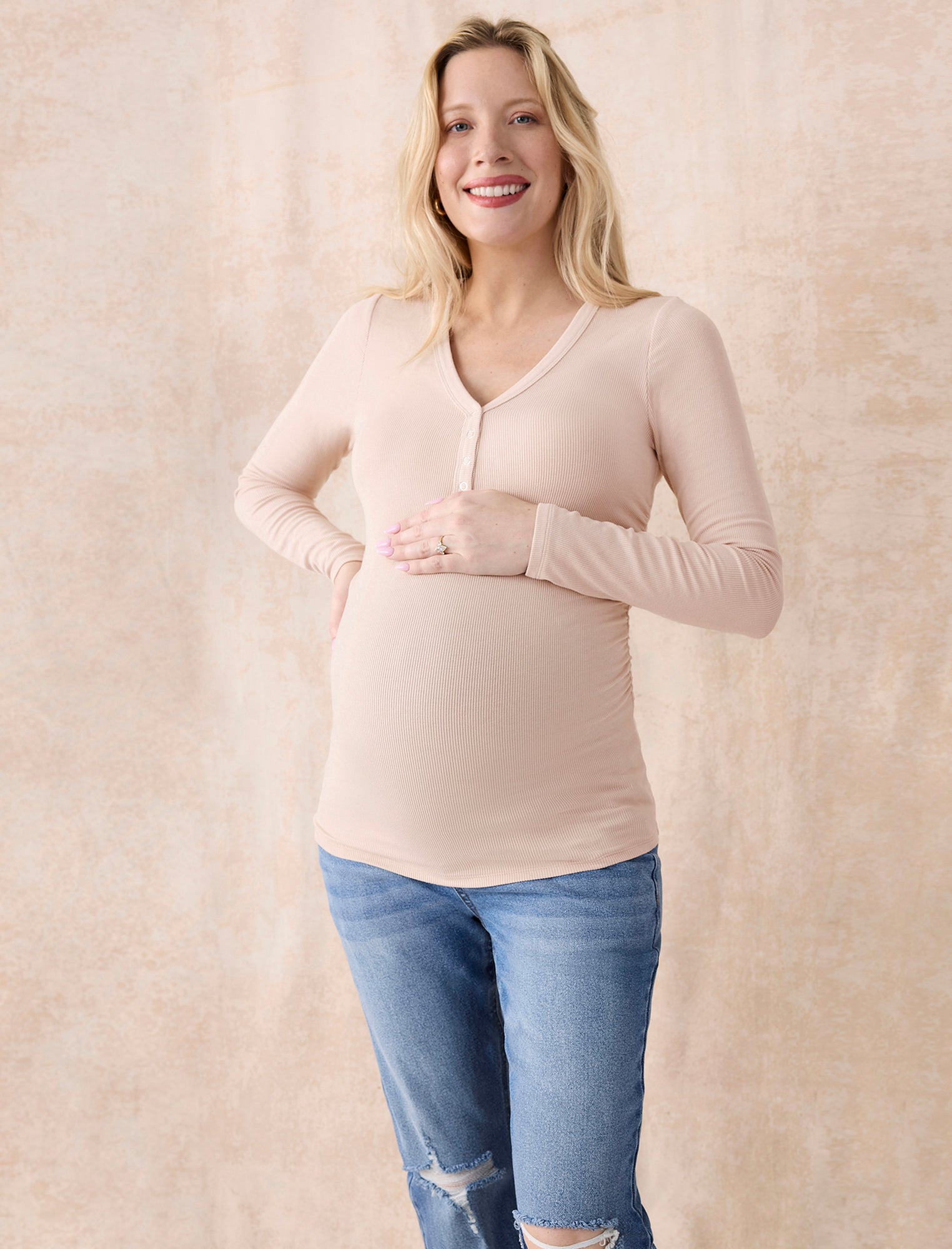 Side Ruched Long Sleeve Henley Maternity Rib Tee