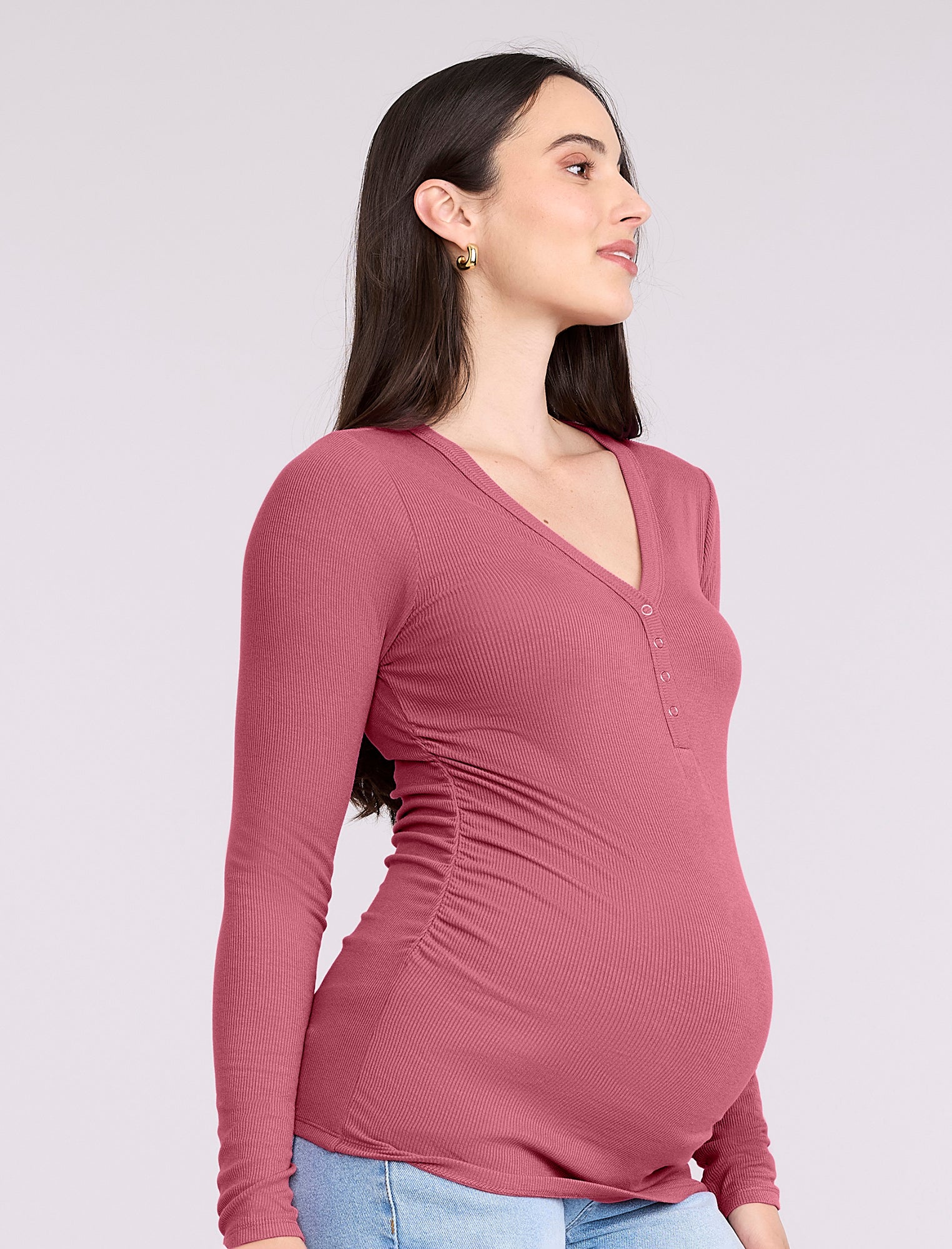Side Ruched Long Sleeve Henley Maternity Rib Tee