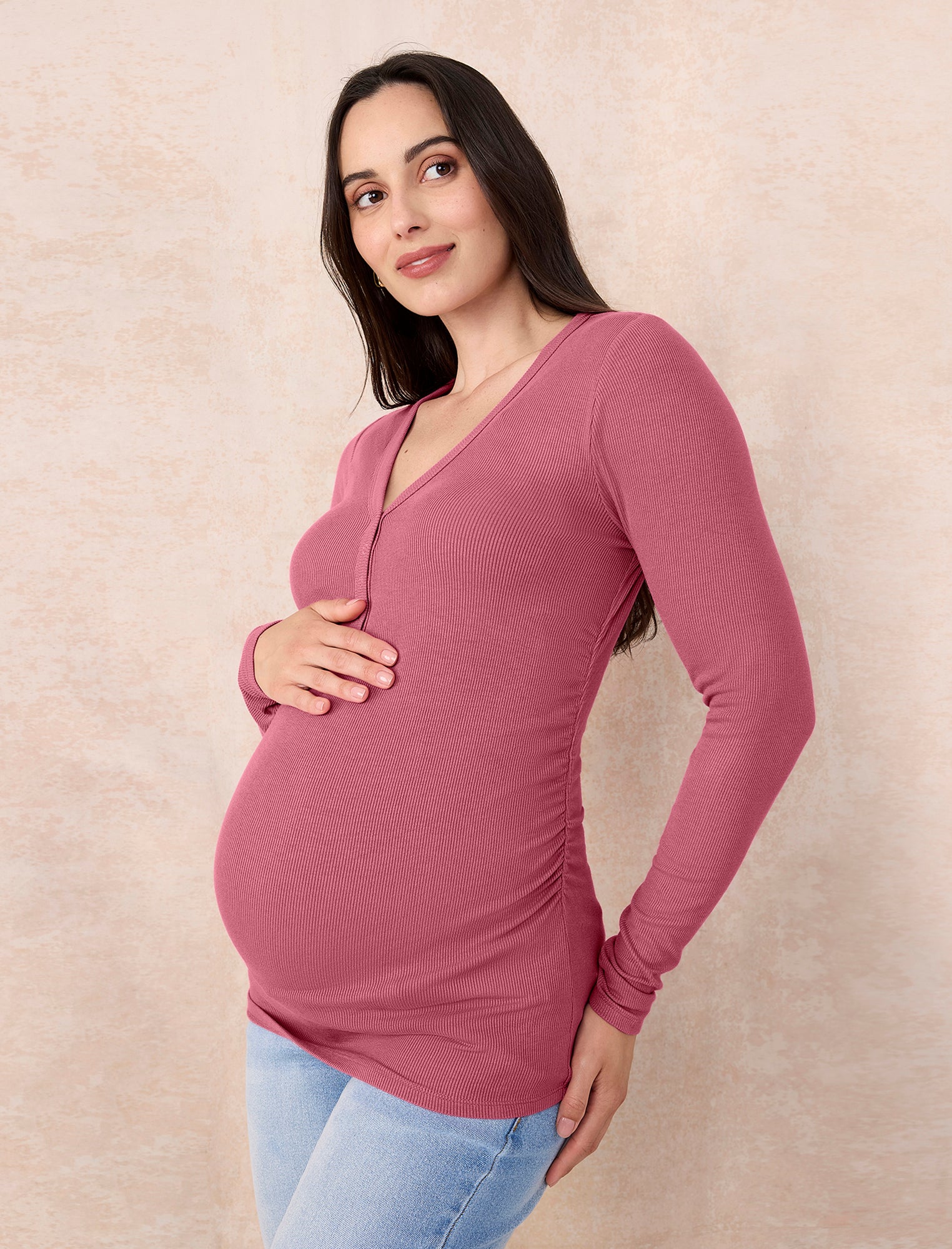 Side Ruched Long Sleeve Henley Maternity Rib Tee
