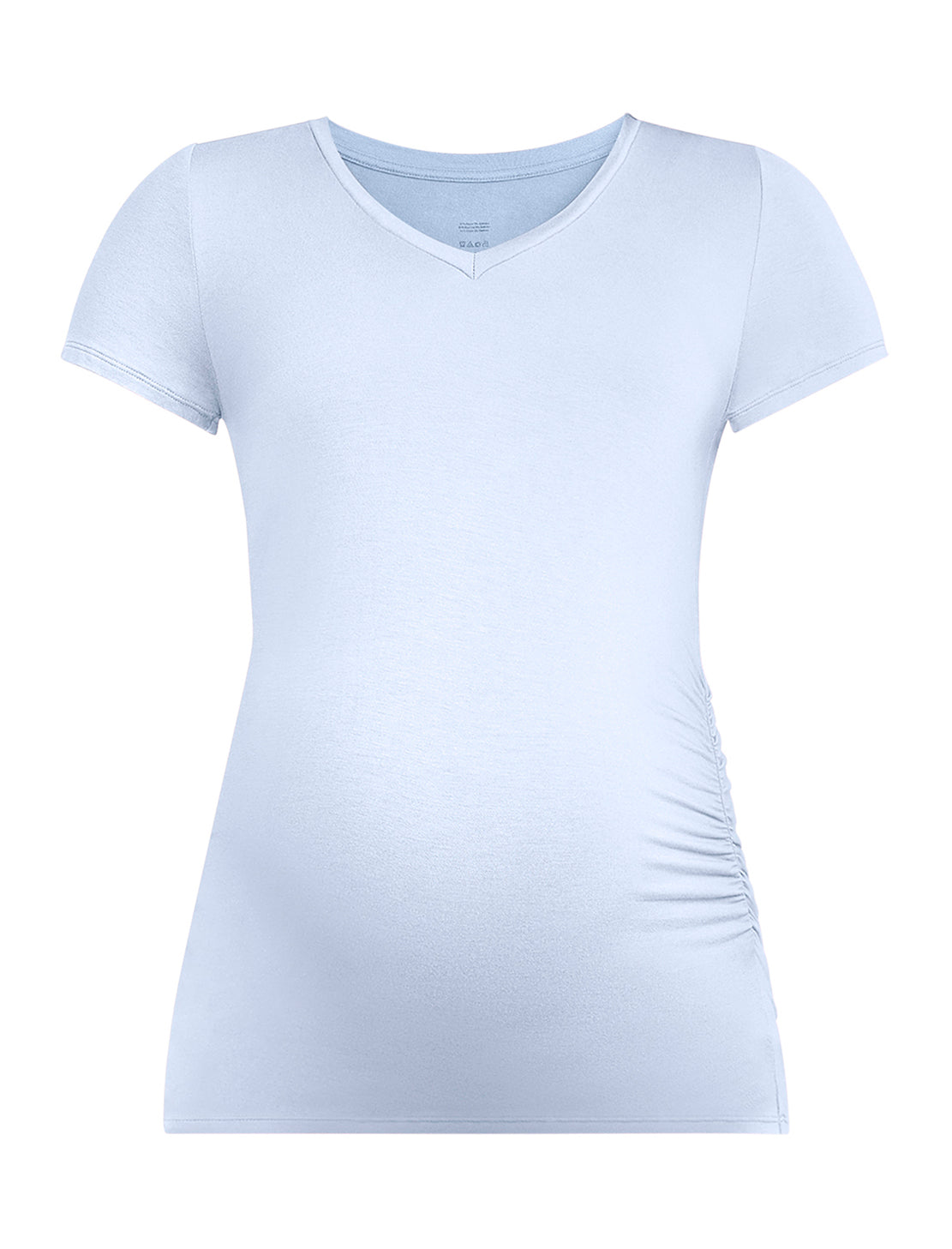 Pregnant woman wearing light blue t-shirt