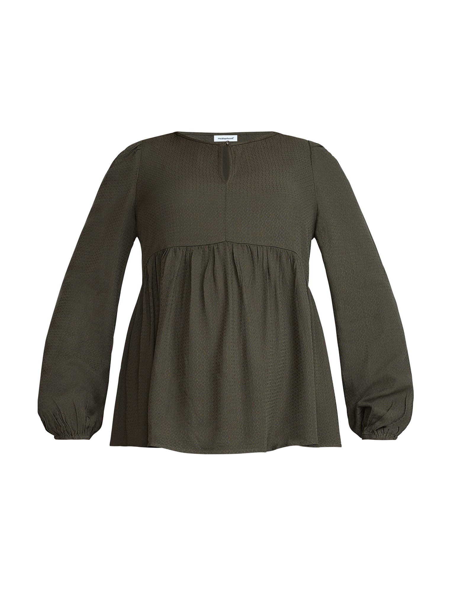 Pregnant woman wearing an olive green long-sleeve top against a plain background