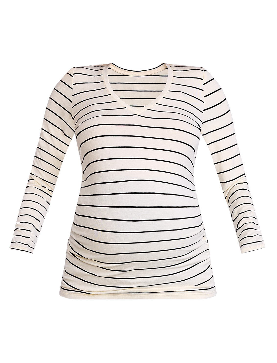 A white and black striped long-sleeve maternity top against a plain background