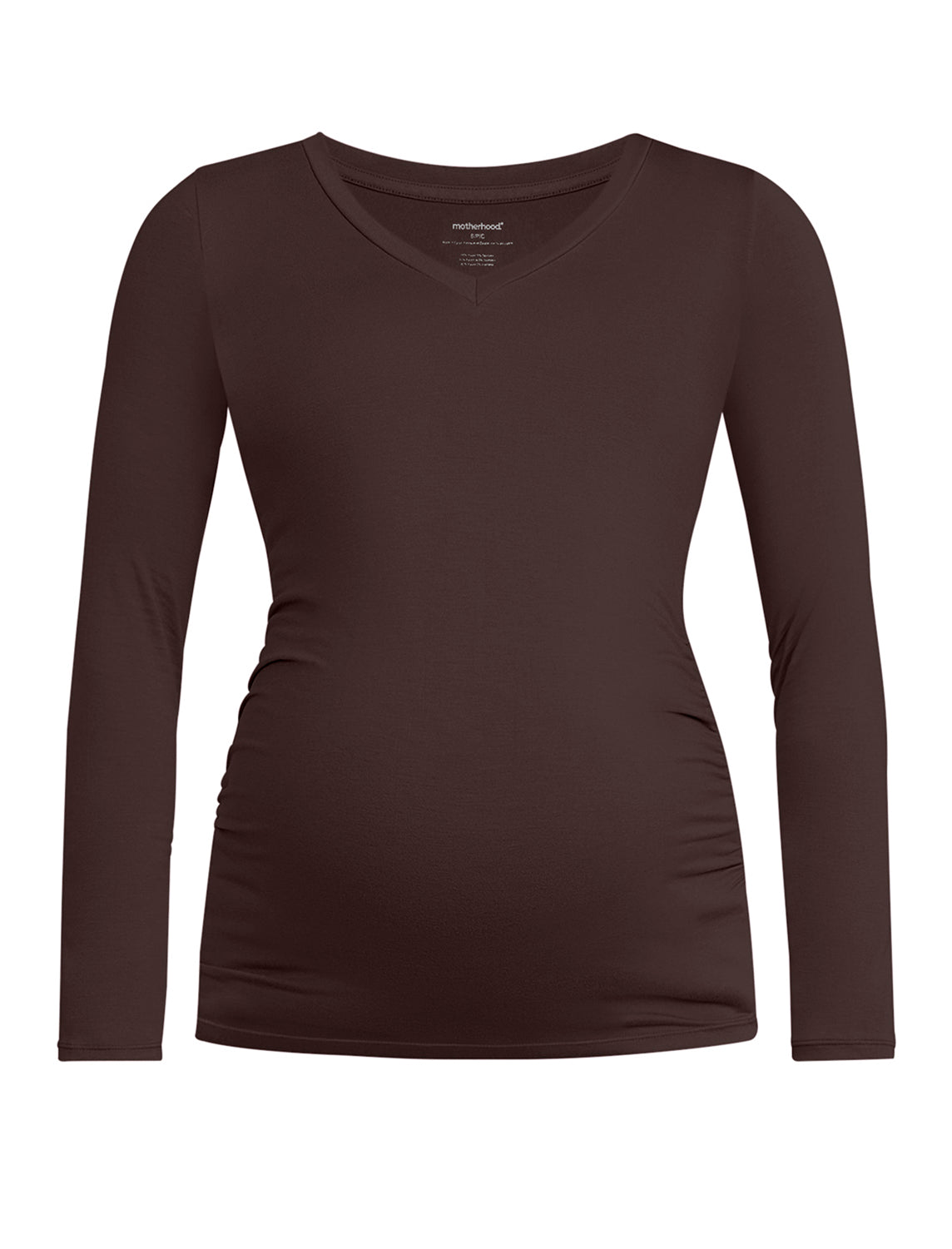 A brown long-sleeve maternity top against a plain background