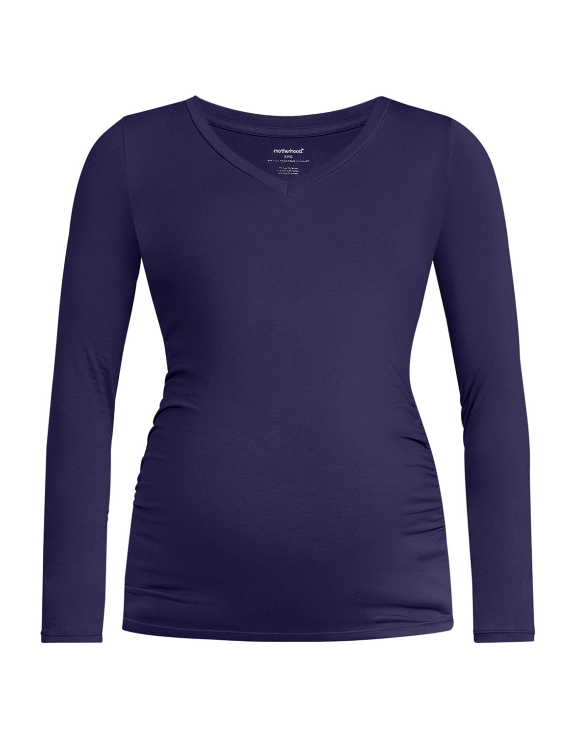 A dark blue long-sleeve maternity top against a plain background