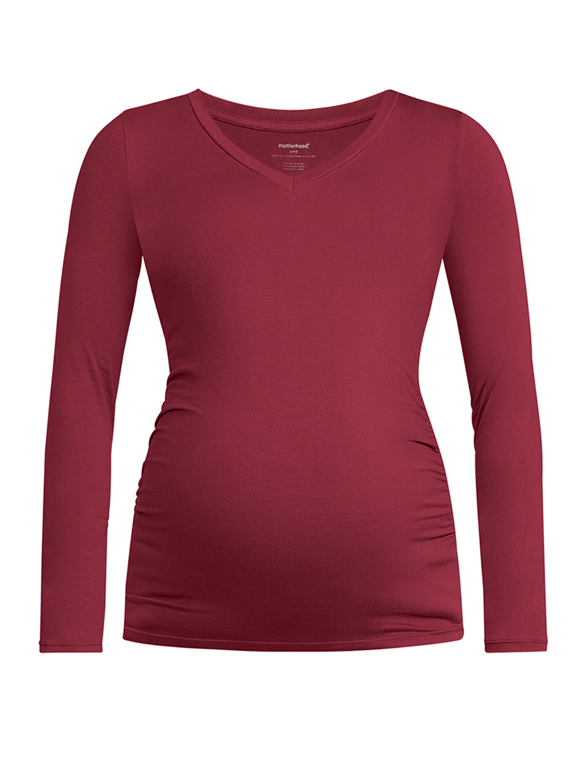Maroon long-sleeve maternity t-shirt on a white background