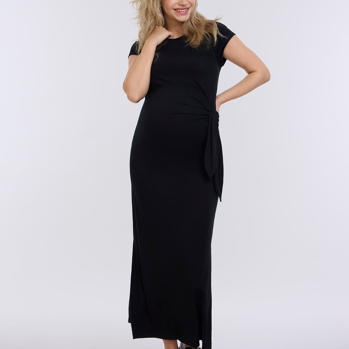 Black Side Tie Jersey Midi Dress