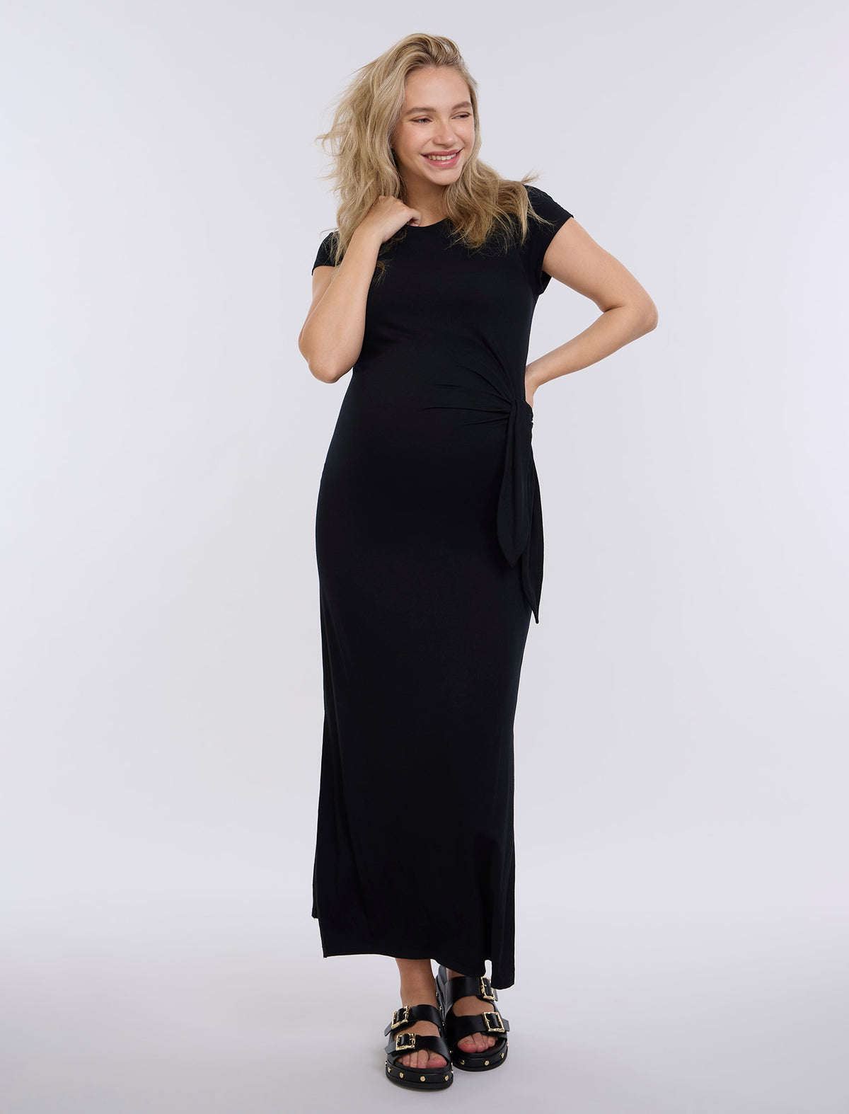 Black Side Tie Jersey Midi Dress